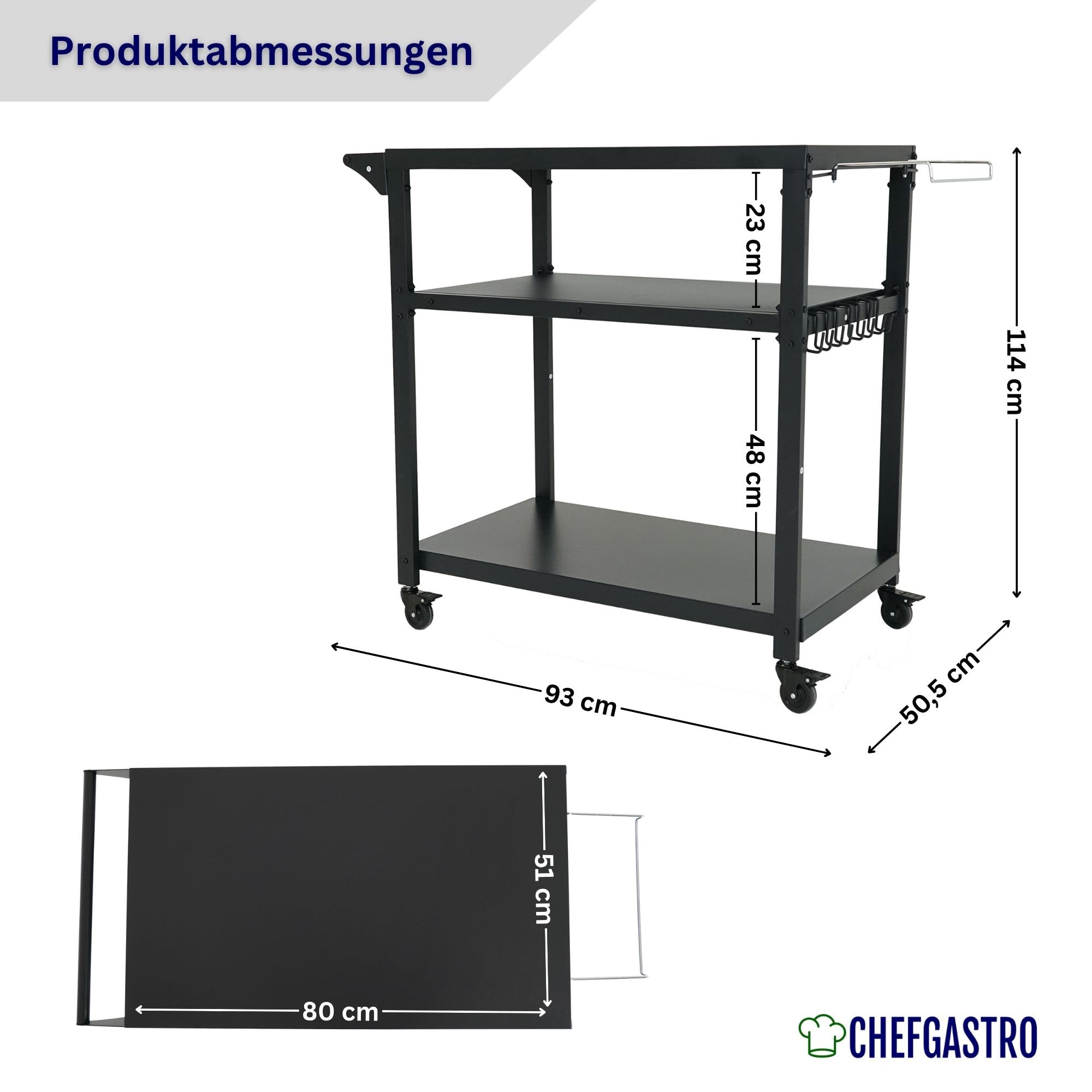 CHEFAGSTRO Grillwagen Vulcan Outdoor Servierwagen mit Rollen Küche Küchenwagen Metall Schwarz Wetterfest Grilltisch, 4 Lenkrollen mit Bremse, 3 Ablagen, 8 Haken, Müllbeutelhalter & Handtuchgriff
