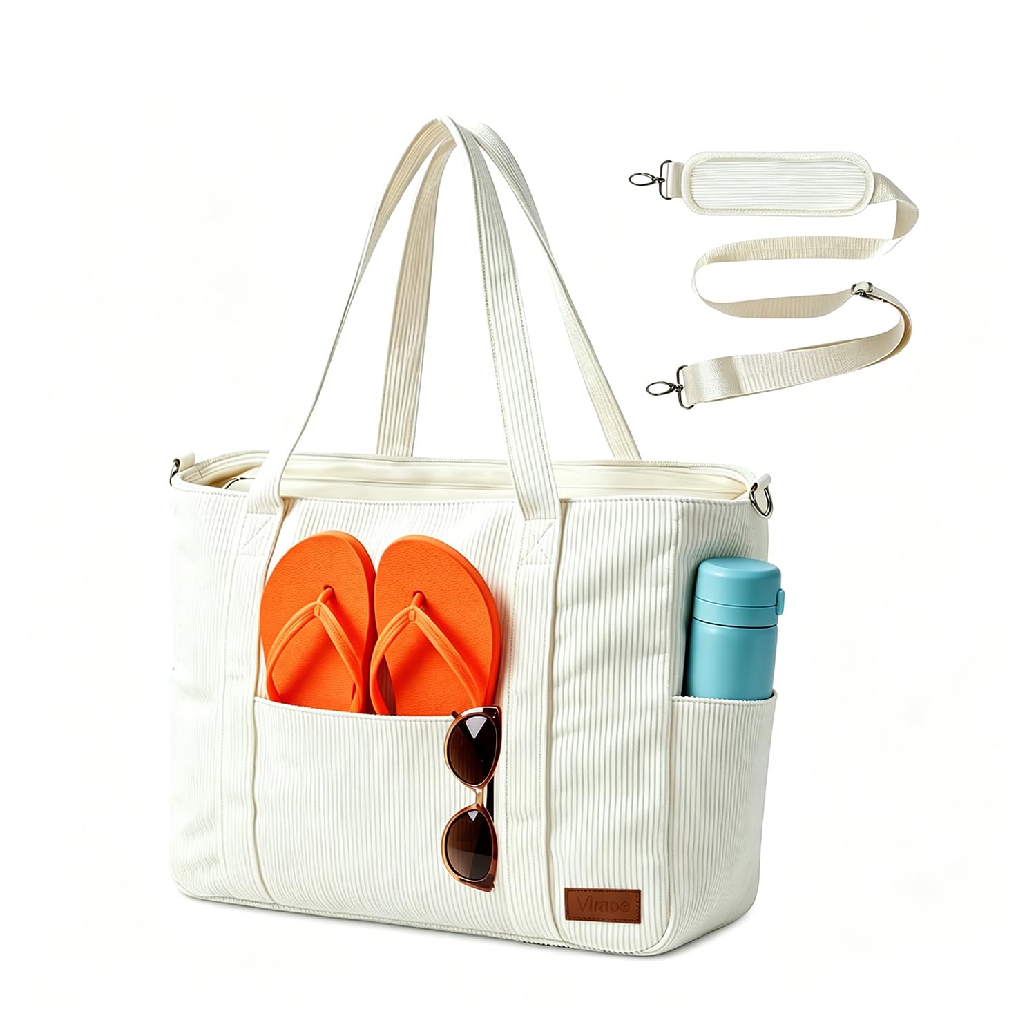 Virape Strandtasche XXL Familie mit Reißverschluss - Wasserdichter Damen Strandtasche Kordelstoff, Nass-Trocken Trennung - Modische Umhängetasche für Strand Pool Camping Urlaub