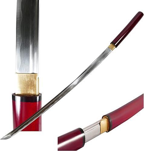 Katana Samurai japonesa Makoto hecha a mano con técnica Shirasaya con mango brillante rojo burgundy