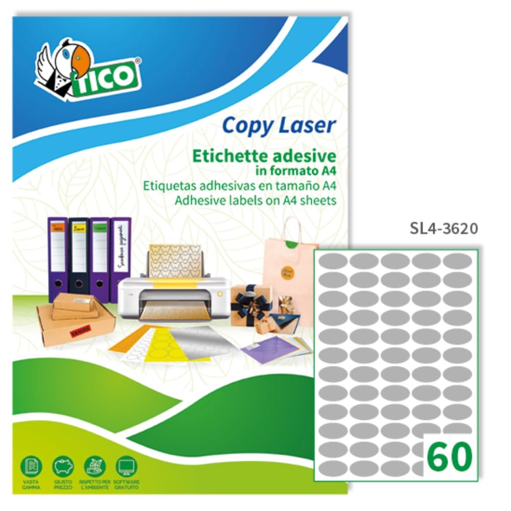 Tico Italia SL4-3620 Etichette adesive carta argento, 100 fogli A4, ovali 36x20mm, 60 etichette per foglio, adesivo permanente, stampanti laser, tipografiche e serigrafiche