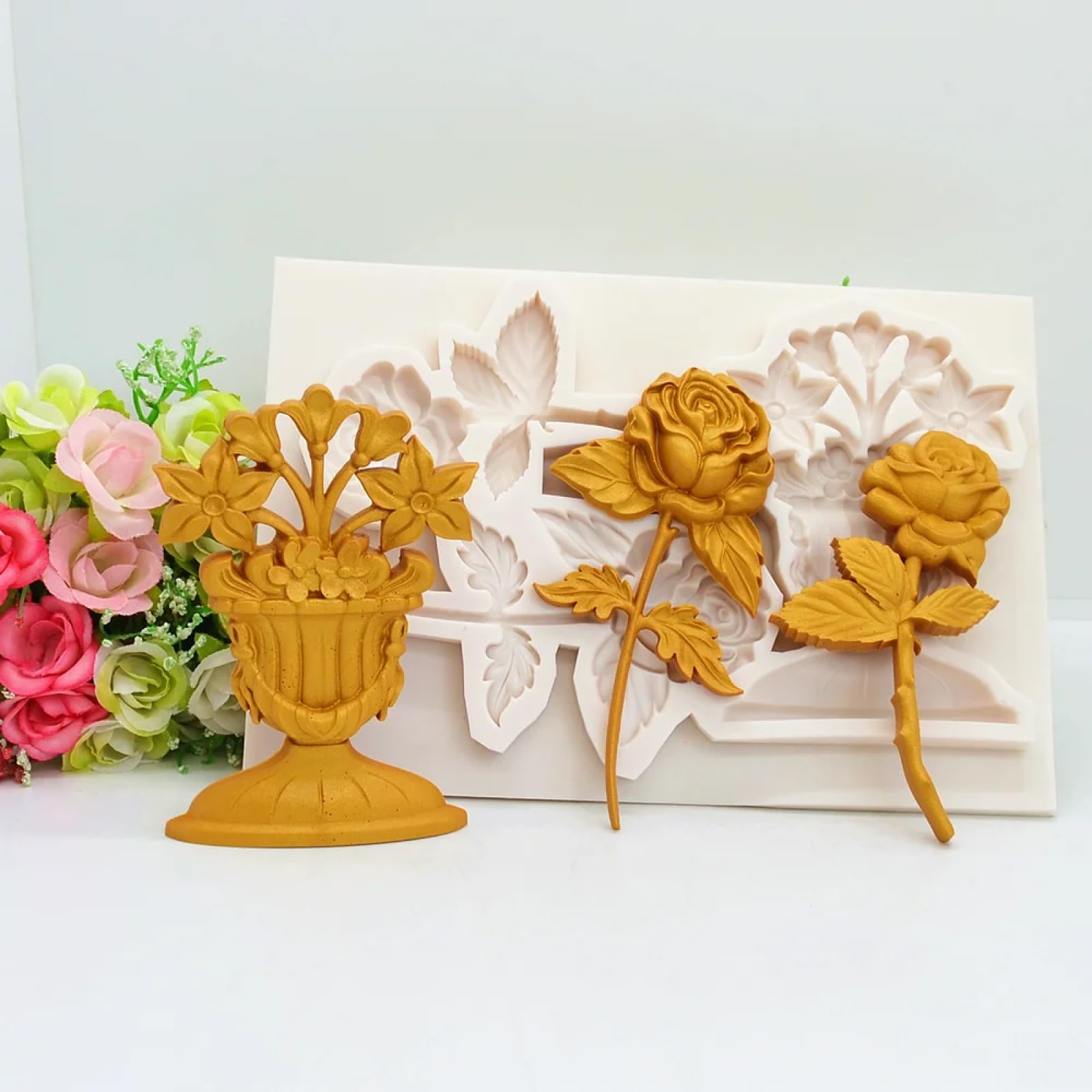 Molde de silicona para hacer fondant, 19,5 x 13 x 1,3 cm, molde de silicona para tartas, herramientas de decoración para hornear rosas, suministros hechos a mano para hacer flores, moldes para fondant