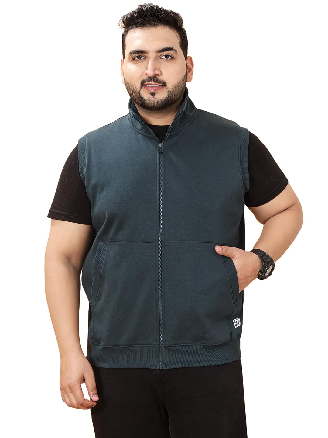 john pride Plus Size Men Regular Fit Sleeveless Mock Collar Solid Fleece Teal Front-Open Sweatshirt(JPSWT75235_Teal)-picture-21