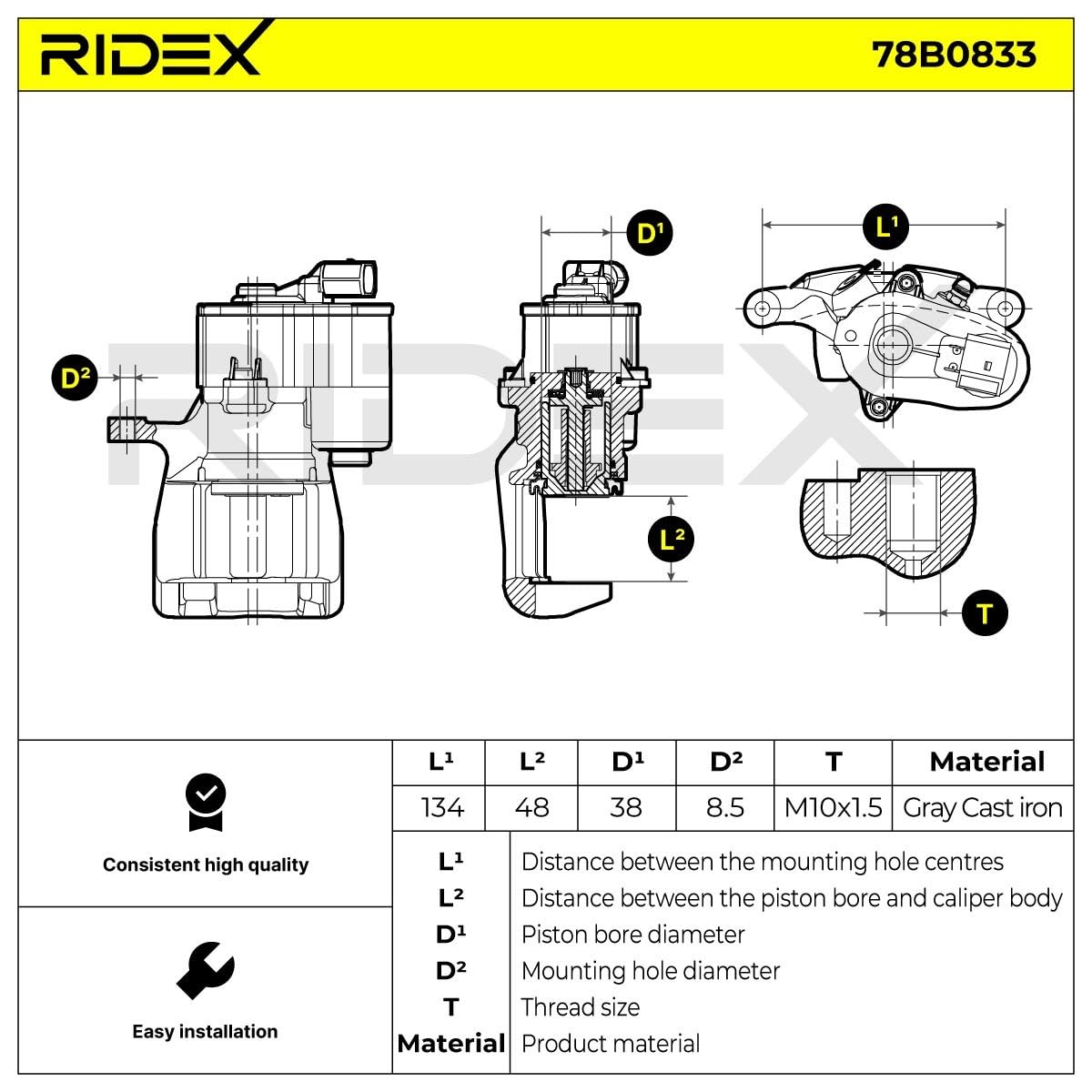 RIDEX 78B0833 Pinza de freno Trasero Izquierda Trasero sin soporte con tornillos Compatible con VOLVO V70 II 285