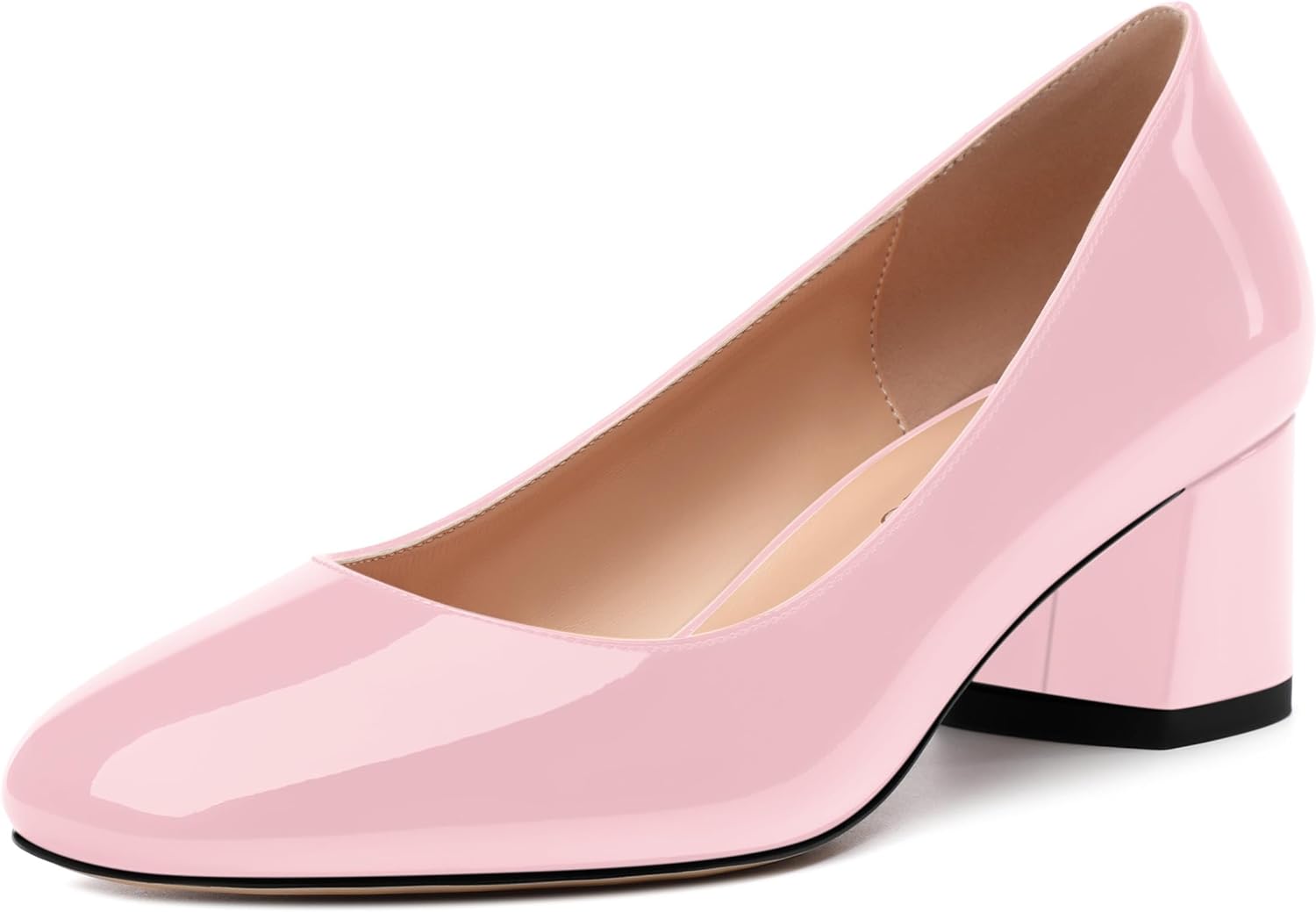 Women's Pumps Round Toe Slip On Low Chunky Heel Fashion Comfort Solid Patent Shoes for Women