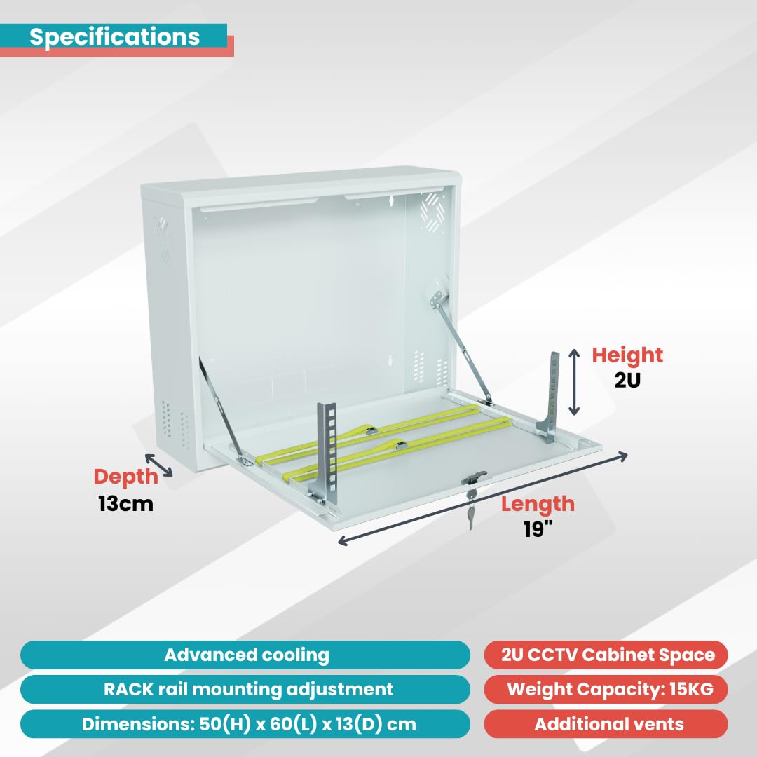 CCTV Armario Rack 19 Pulgadas 2U 130mm - Servidor Rack Fabricado en Metal Resistente - Bandeja Rack con Caja con Cerradura