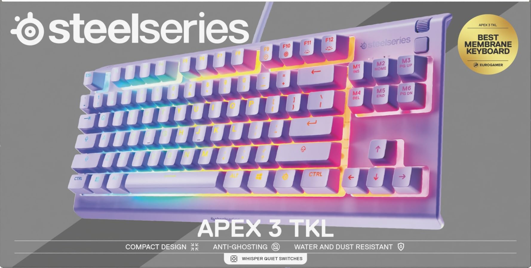 SteelSeries Apex 3 TKL Lawendowa RGB - klawiatura dla graczy – Obudowa bez części numerycznej – 8-strefowe podświetlenie RGB –Odporna na wodę i kurz –Niezwykle cichy przełącznik mechaniczny -UK QWERTY