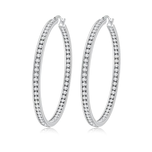 Ladies Earring Hoops-Stainless Steel Hoop Earrings for Women White Cubic Zirconia Large Big Hoop Earrings hypoallergenic for sensitive ears