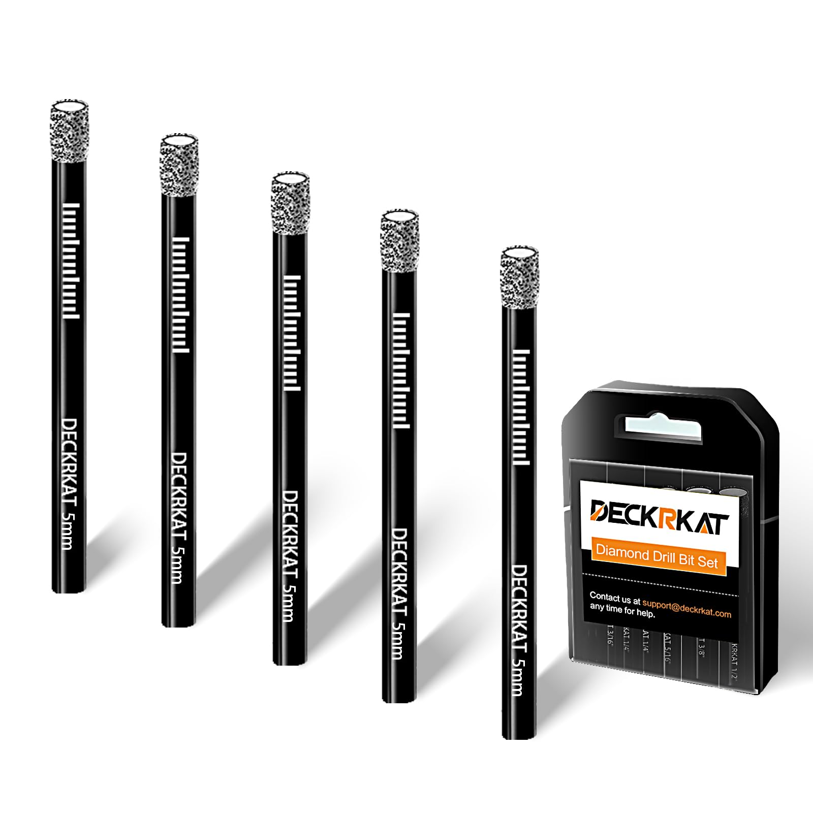 DECKRKAT 5-Piece Dry Diamond Drill Bits Set 5mm Vacuum Brazed Diamond Hole Saws for Granite Tile Ceramic Marble Stone Glass and More Hard Materials (not for Wood), Round Shank with Storage Case.