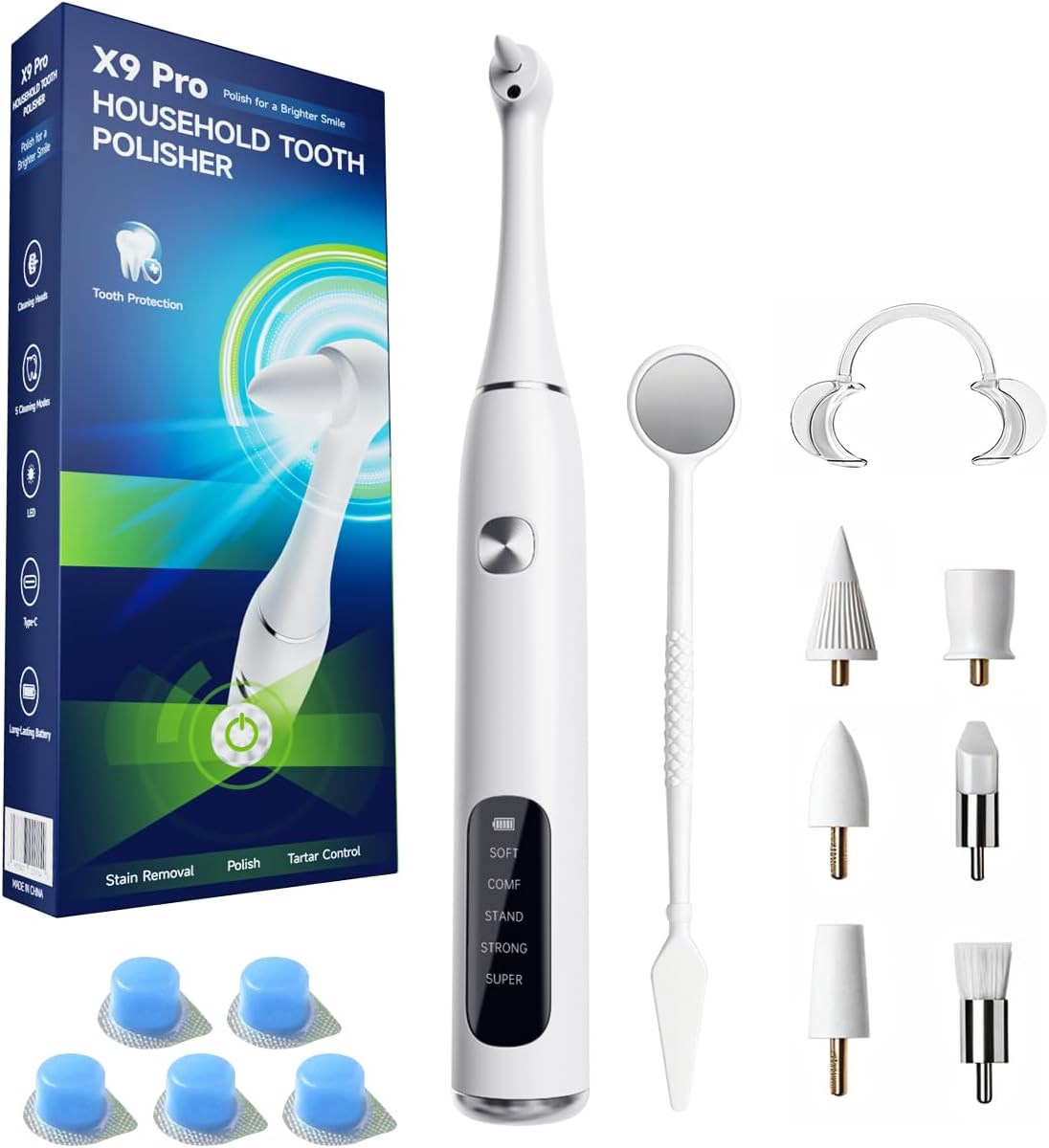 Tooth Polisher, Electric Teeth Whitening Kit, Professional Teeth Cleaning Tools with 5 Tooth Polish Paste & 6 Brush Heads, LED Light, 5 Modes USB Rechargeable Home Personal Dental Care Kit, White