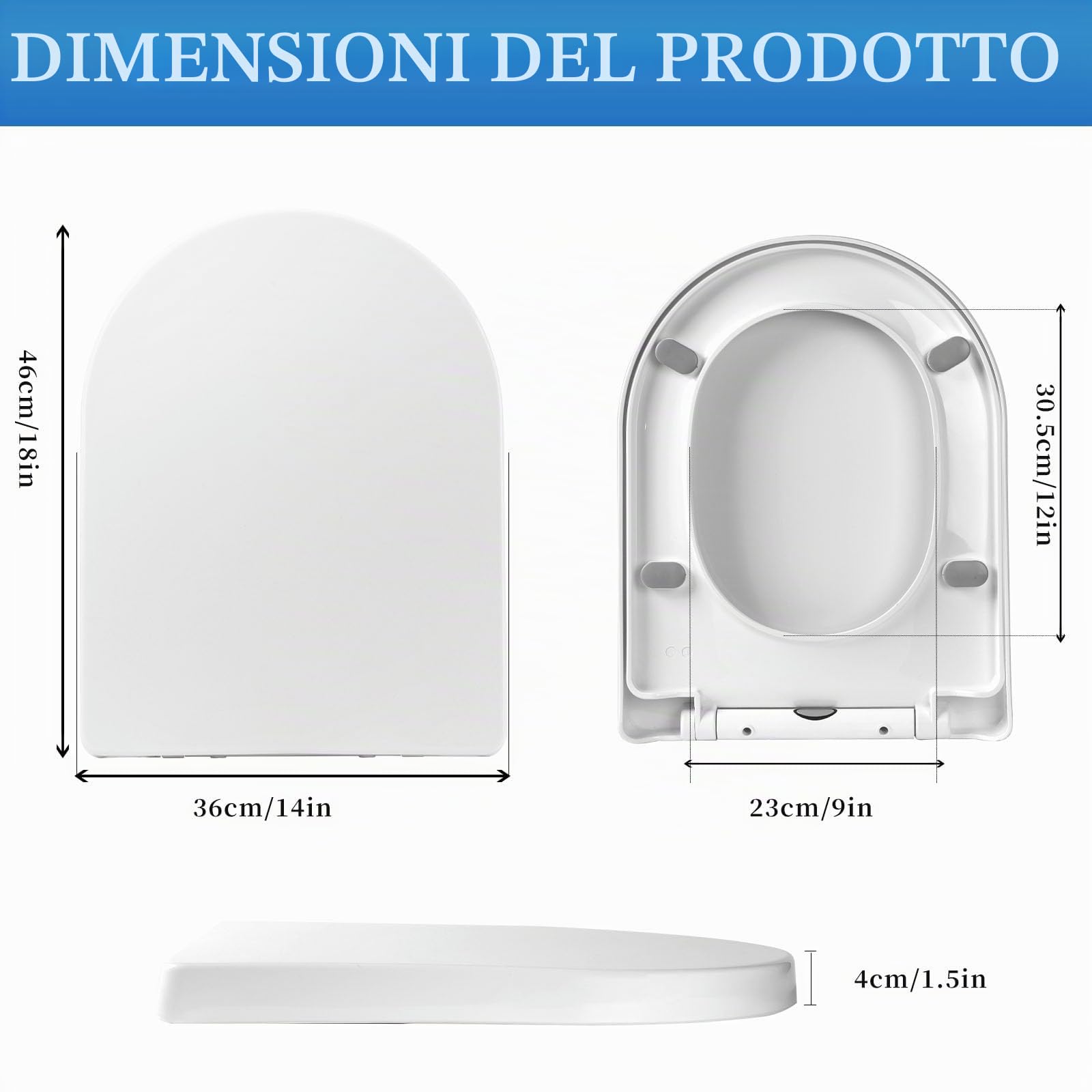 YunNasi - Sedile per WC a forma di D, chiusura rallentata, sgancio rapido e regolabile, dimensioni: 46 * 36 cm