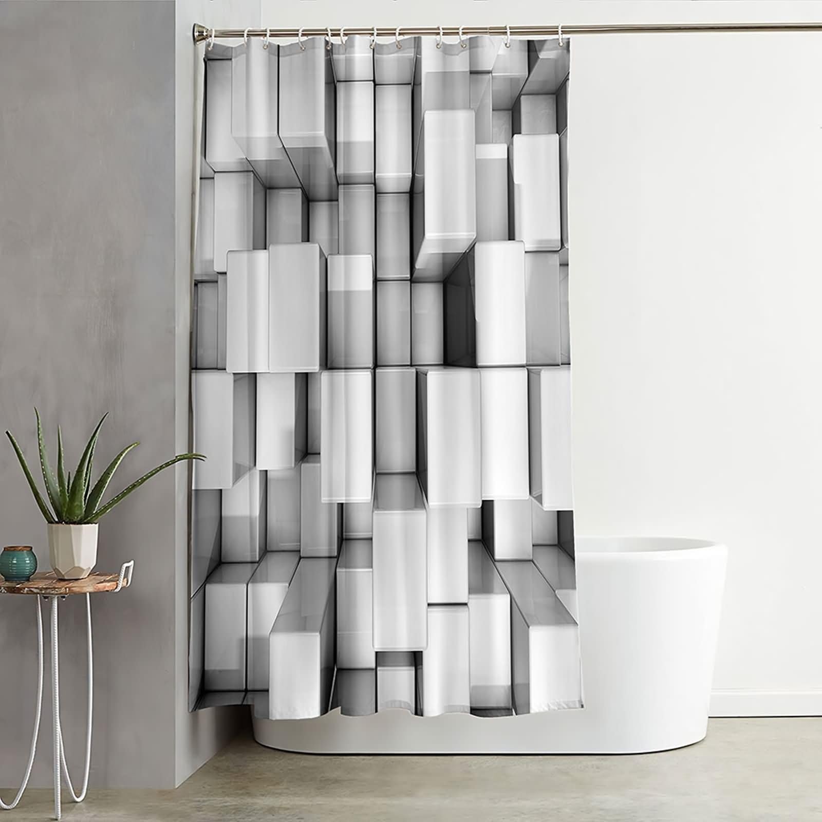 Duschvorhang 180X200, Textil Duschvorhang Weiss 3D Geometrie Schöner Duschvorhang