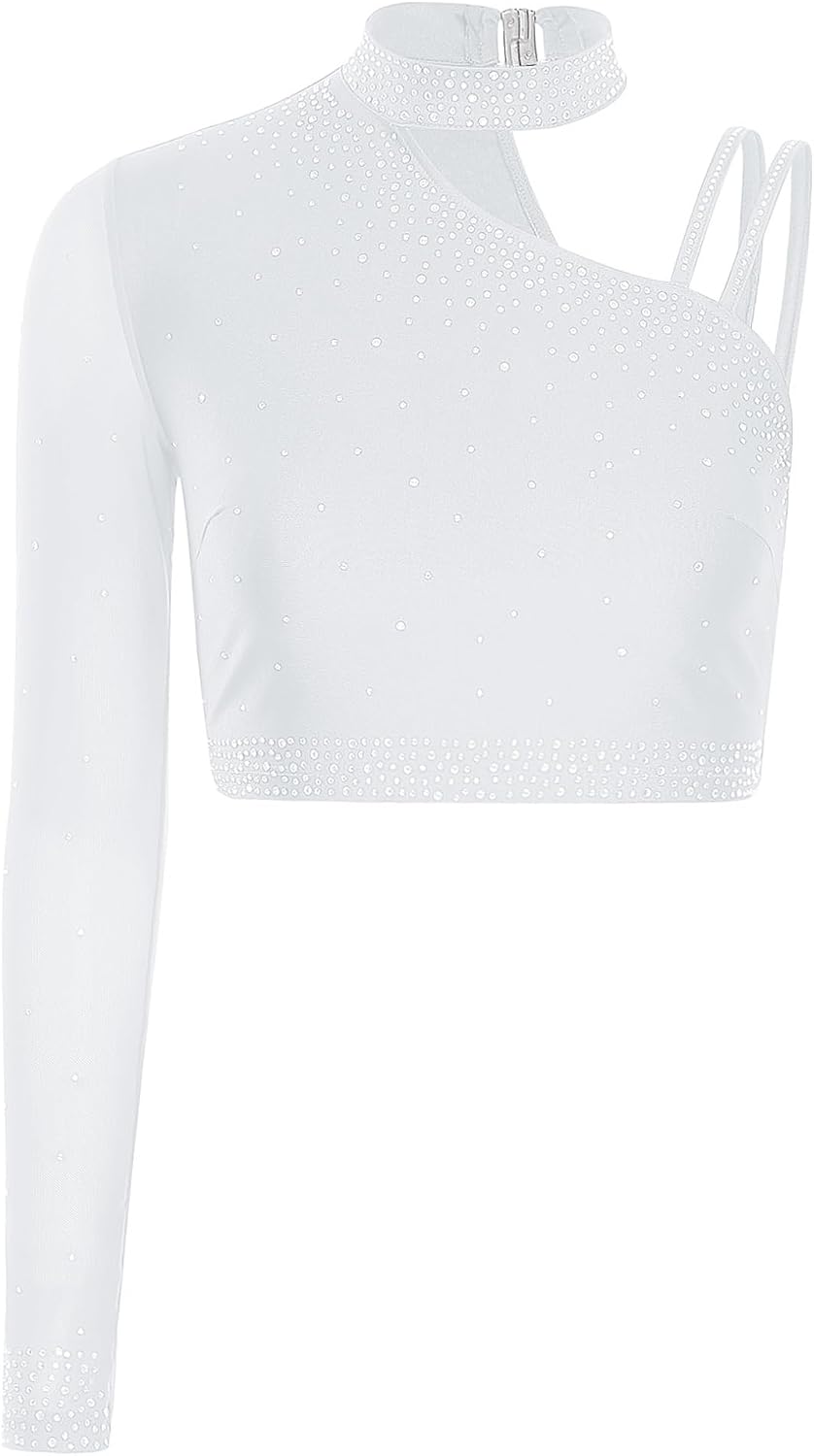 Hularka Women's Lyrical Dance Outfits Shiny Crop Top with Wide Leg Pants for Stage Performance White Medium