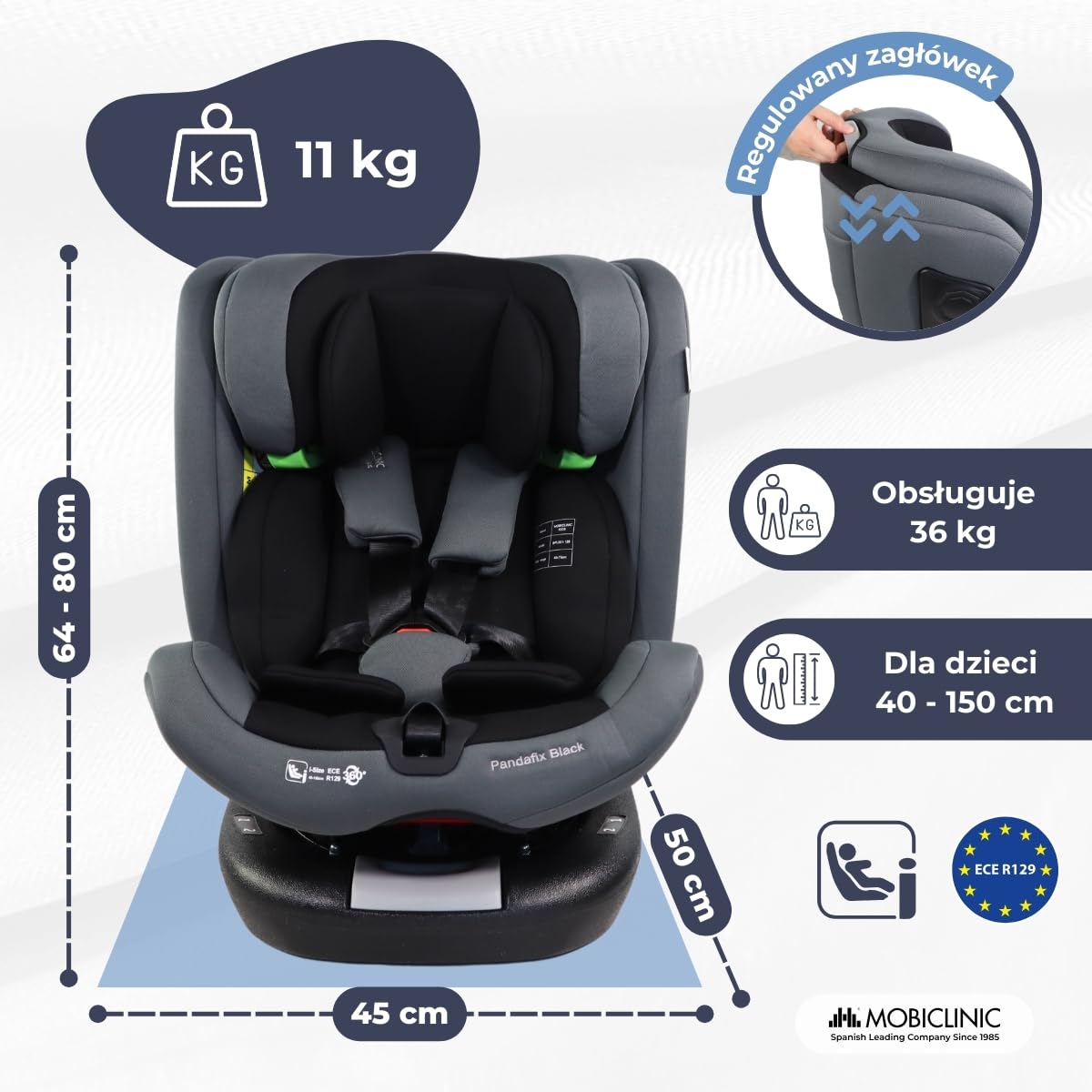 Mobiclinic®, Fotelik samochodowy, Obrót 360º, Regulacja i-size, Top tether, Grupa 0/1/2/3, Max. 36 kg, Podwyższenie dla dzieci, Pandafix, 5-punktowa uprząż, Regulacja, Leżanka 3 pozycje