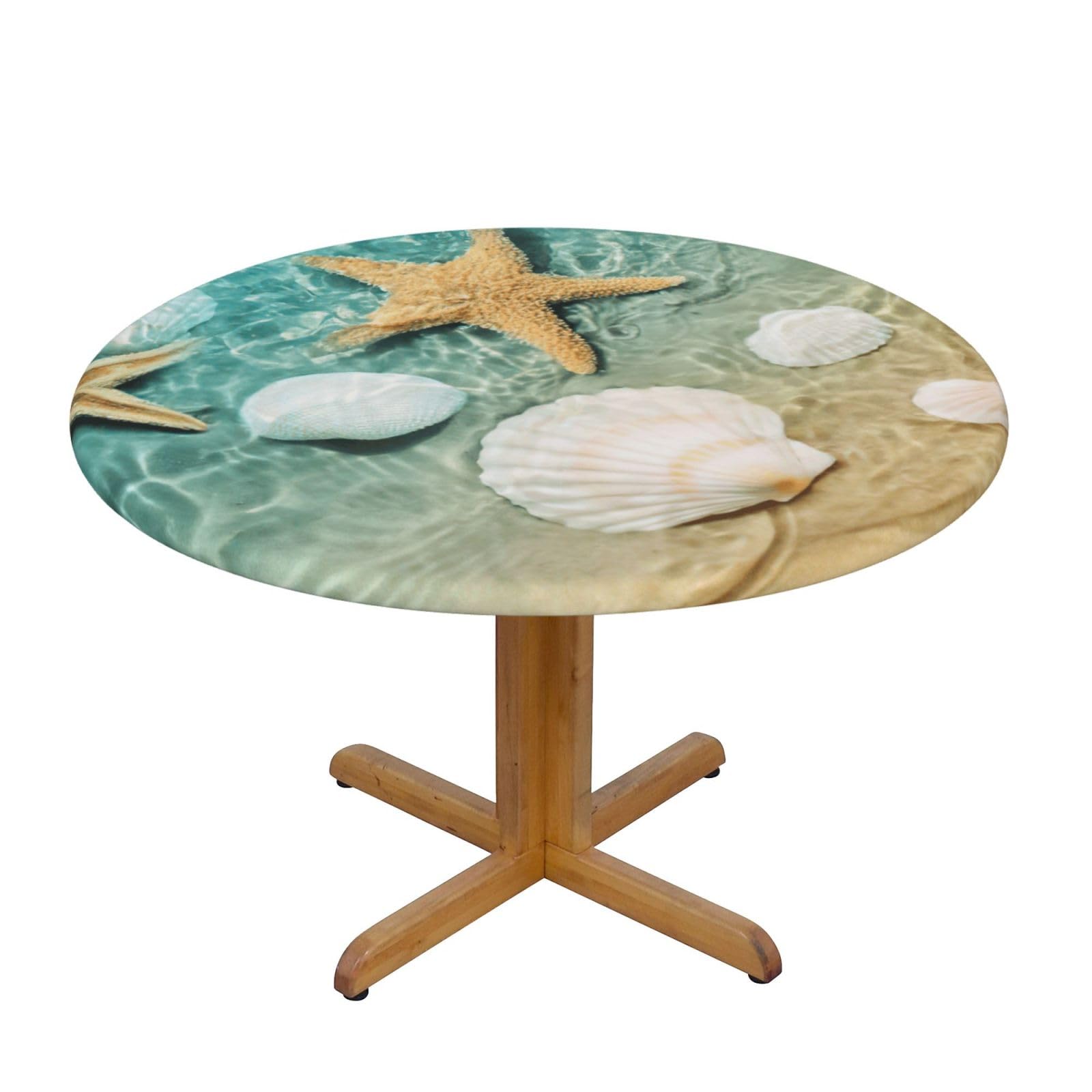 Starfish And Seashell Pattern Print Round Tablecloth Waterproof Table Cover Wipe Clean Washable Table Protector For Dining Room