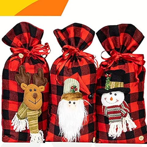 Jolik Santa Sacks Drawstring Bags, Buffalo Plaid 3D Design Christmas Bags for Christmas Party Supplies, 18 x 10 inch Cover