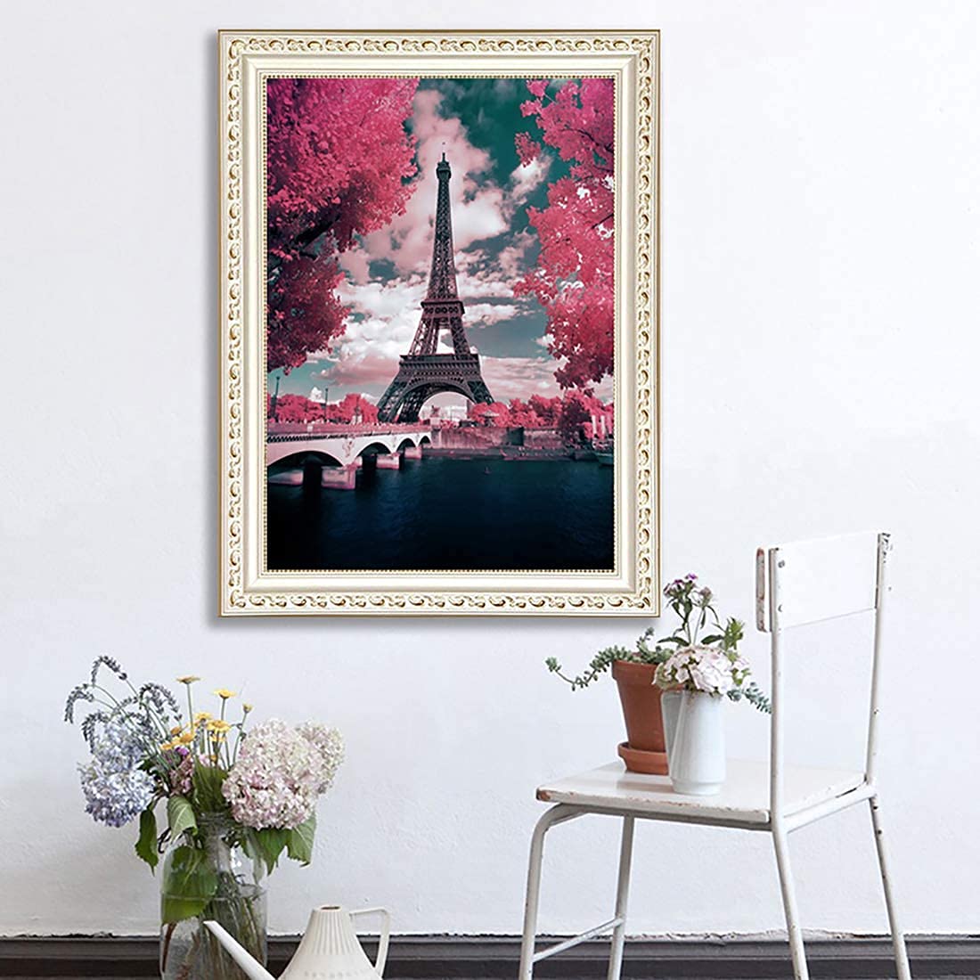 Pink Paris 5D Diamond Painting Kit for Adults and Beginners, Paint with Round Diamond Beads Eiffel Tower Full Drill Canvas(12"×16") Supply, DIY Diamond Art Picture Handicraft for Wall Decoration