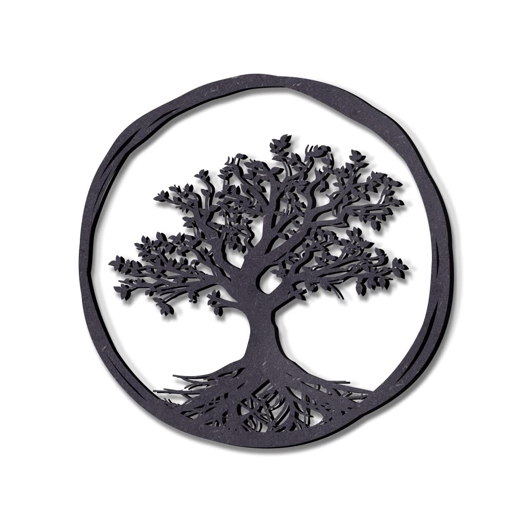 KUINEA® Baum des Lebens Wandbild Ø42cm – Runde Holzdekoration in Anthrazit für Wohnzimmer, Schlafzimmer & Büro | Moderne Natur-Deko aus MDF Holz