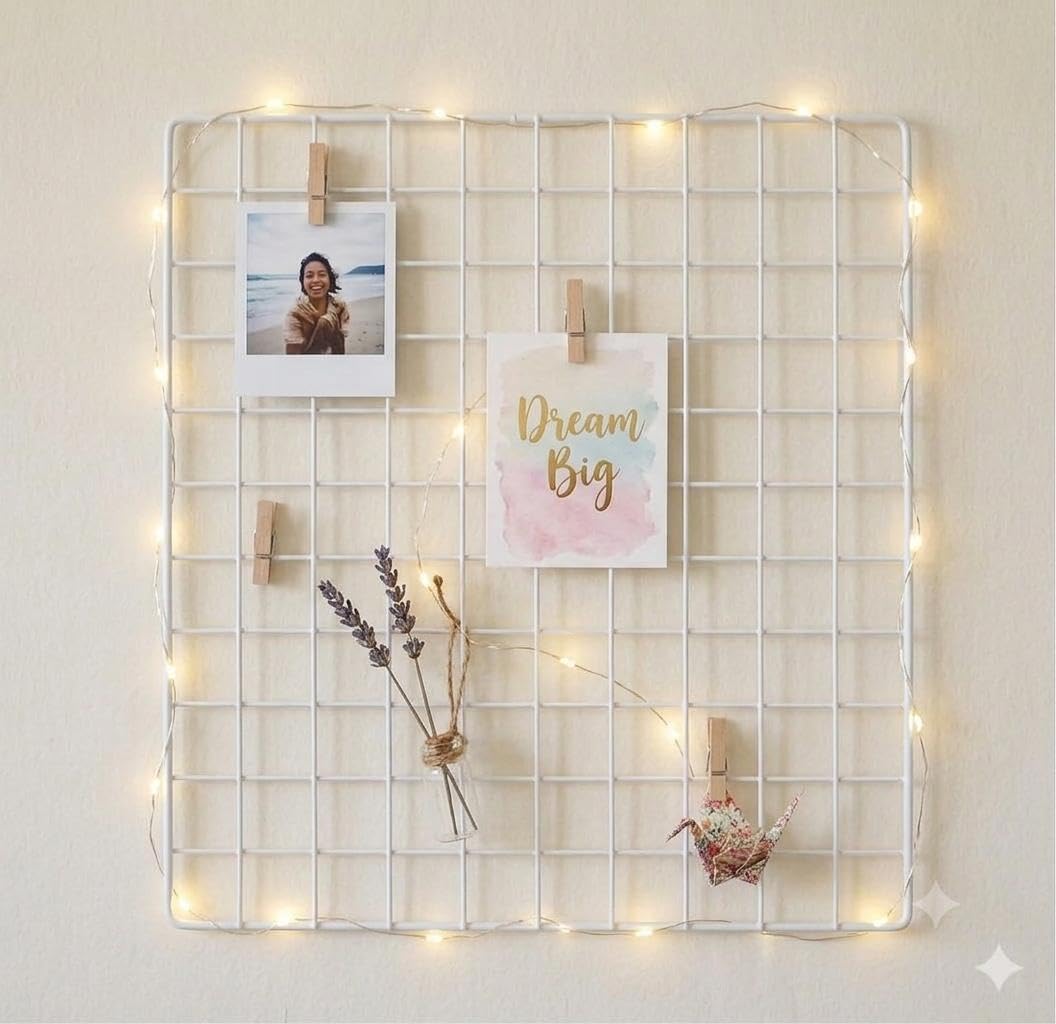 Metal Wire Grid Photo Display Frame for Wall | 30 x 30 CM White Iron Mesh Memo Board | Wall Mounted Picture Organizer for Photos, Notes, Postcards, Artwork, Bedroom, Office & Home Decor-image-15