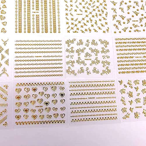 30 Sheets Gold Nail Art Stickers, 3D Metallic Self-Adhesive Nail Decals French Strip Line Flower Butterfly Heart Art Design For Diy Nails Supplies Designer Nail Stickers For Acrylic Nails Decorations #TOP3