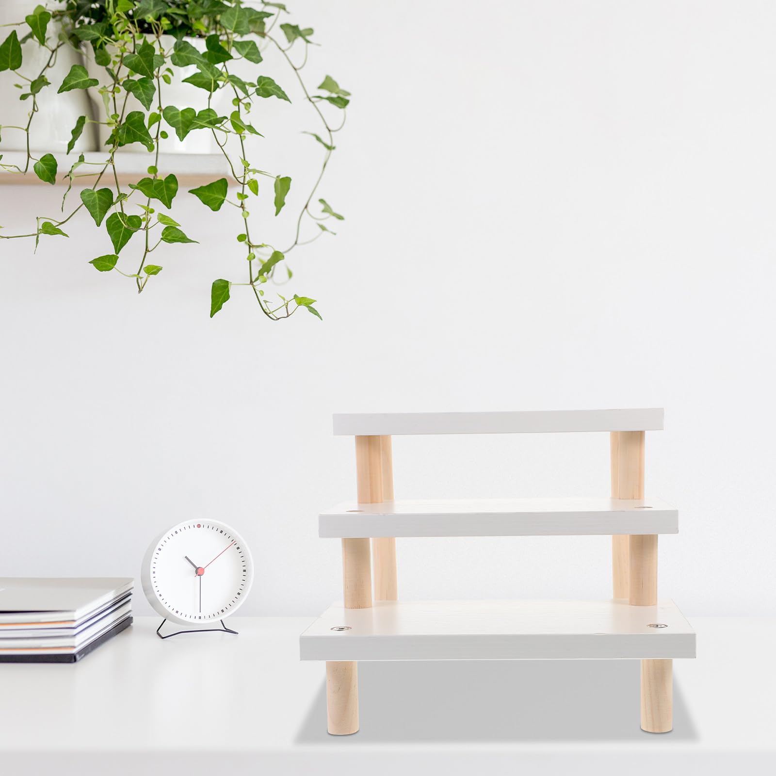 POPETPOP Holz Displayständer 3 stufig Tisch Organizer aus Massivholz 24x12cm Weiß Präsentationsregal für Figuren und Dekoration