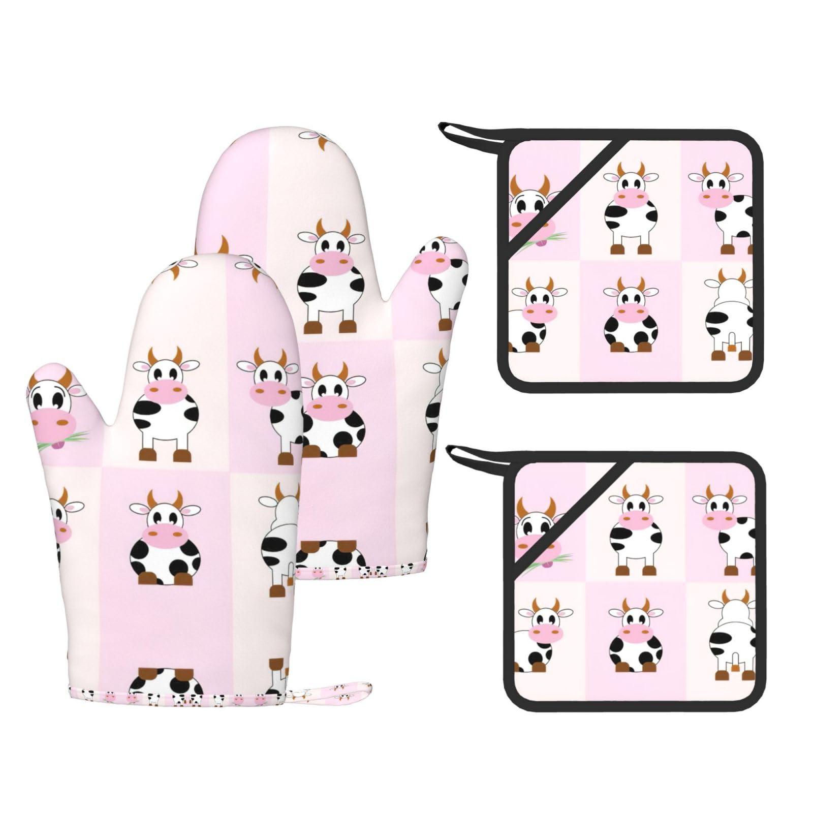 Cow milk Printed Oven Gloves and Hot Pads Set of 4, High Heat Resistant Silicone Mitts for Cooking BBQ
