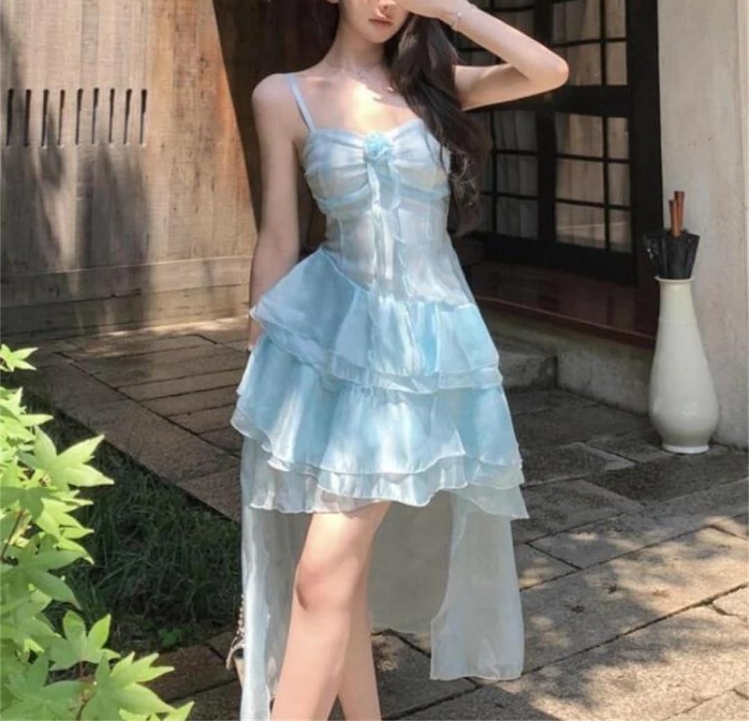Vestido de verano con dobladillo con volantes y tirantes ajustables para mujer, vestido de vacaciones en la playa