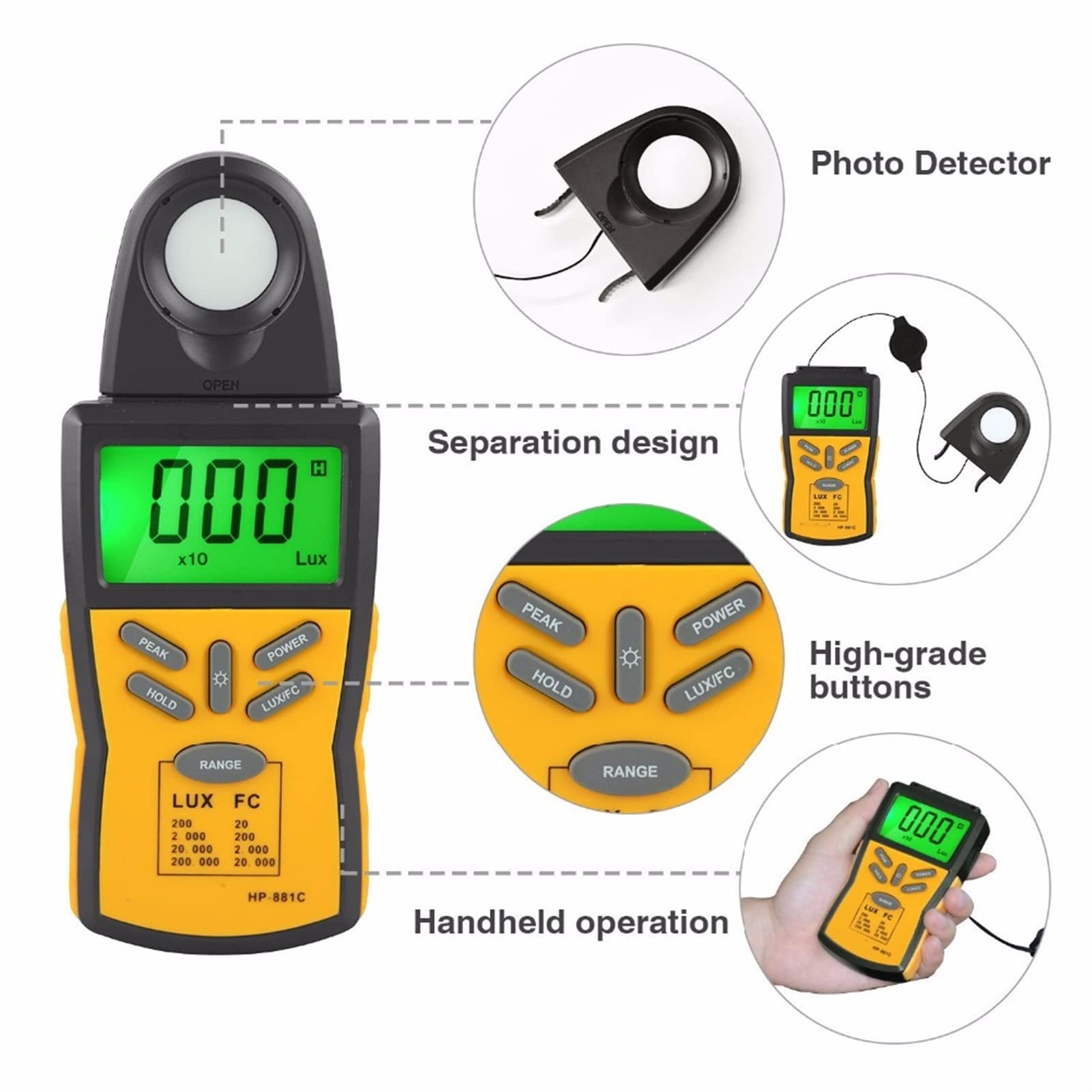 Luxómetro Portátil, Medidor de luz Digital Espectrofotómetro medidor de luz de Alta precisión 200,000 Lux/FC Iluminador/espectrómetro Digital de Mano para Interiores y Exteriores