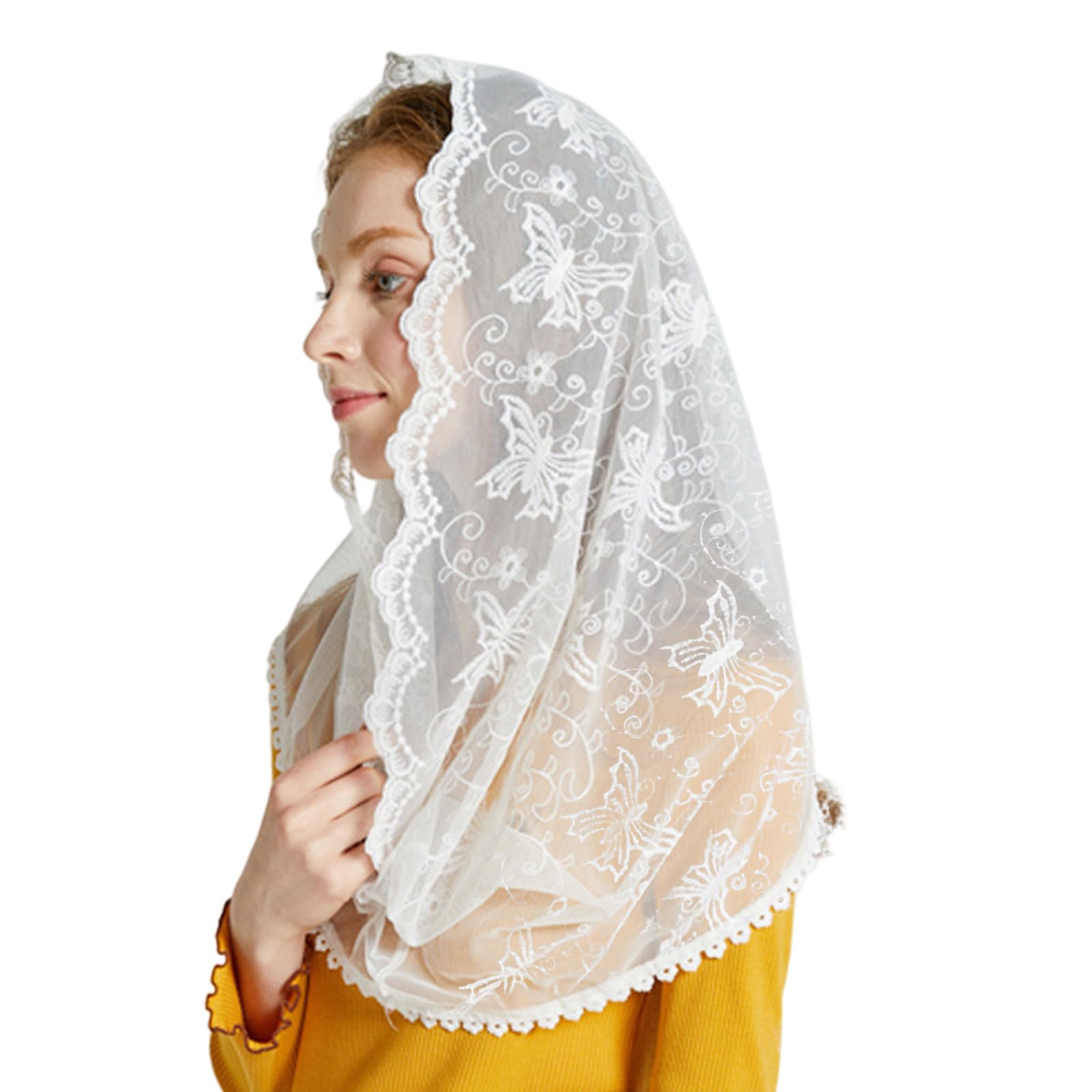 Obotsnoi Unisex White Mantilla Veil Catholic Embroidery Lace Chapel Mass Headcovering Latin Lace Veil Headcovering Latin Mass