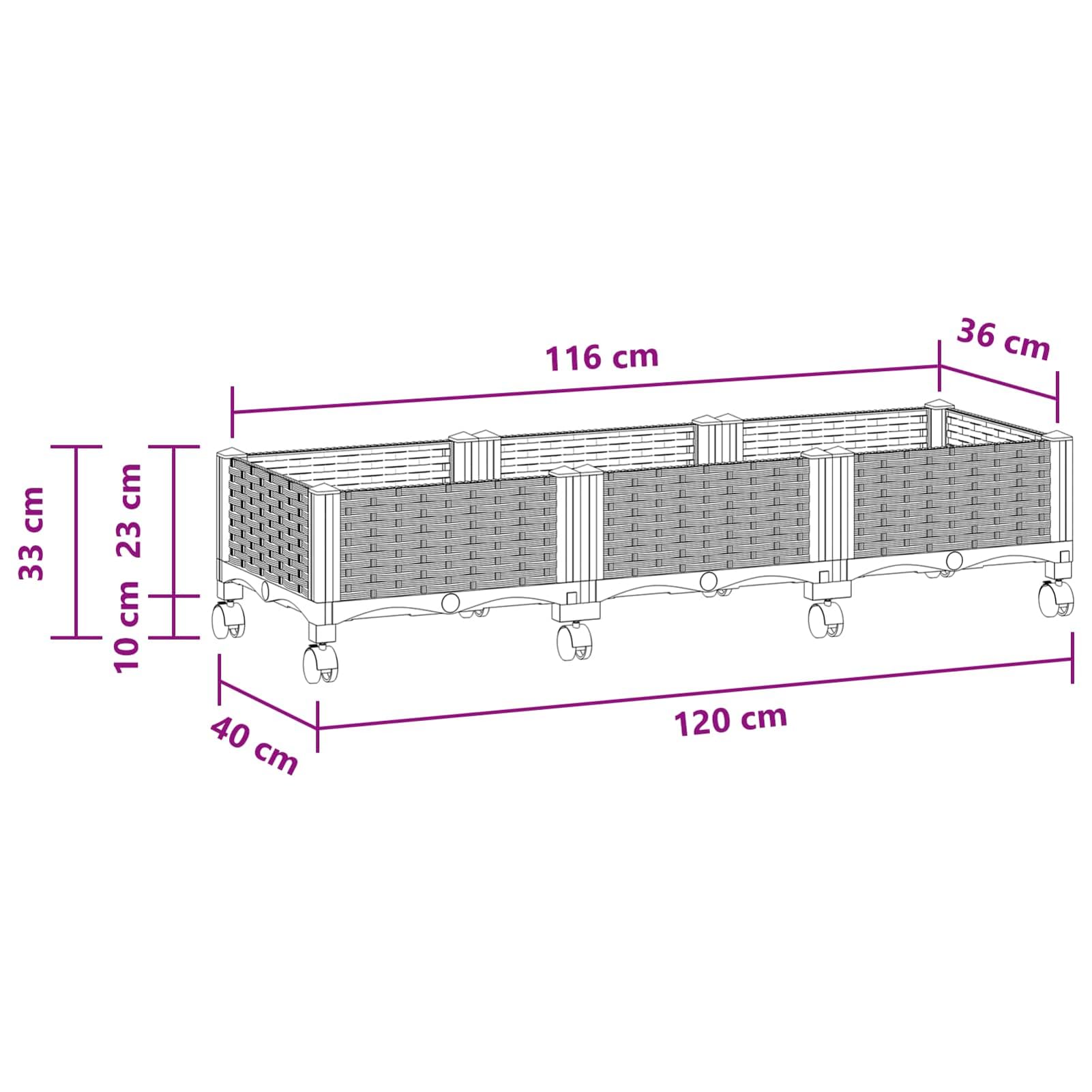 Gecheer Gartenpflanzer mit Rädern, Pflanzkübel aus PP Kunststoff mit Rollen, 120 x 40 x 33 cm, für Terrasse Balkon Garten