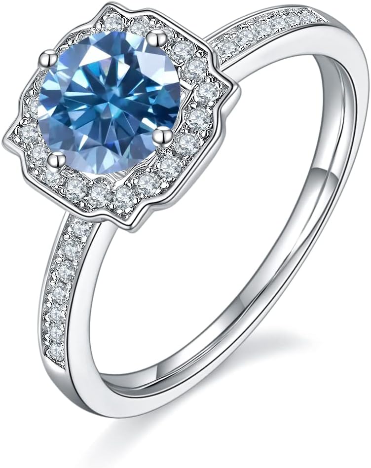 Christmas Gifts White/Pink/Yellow/Green/Black/Blue Moissanite Rings Wedding Promise Ring for Her 18K White Gold Plated 925 Sterling Silver Halo Channel Moissanite Engagement Rings for Women(Size 5-10)