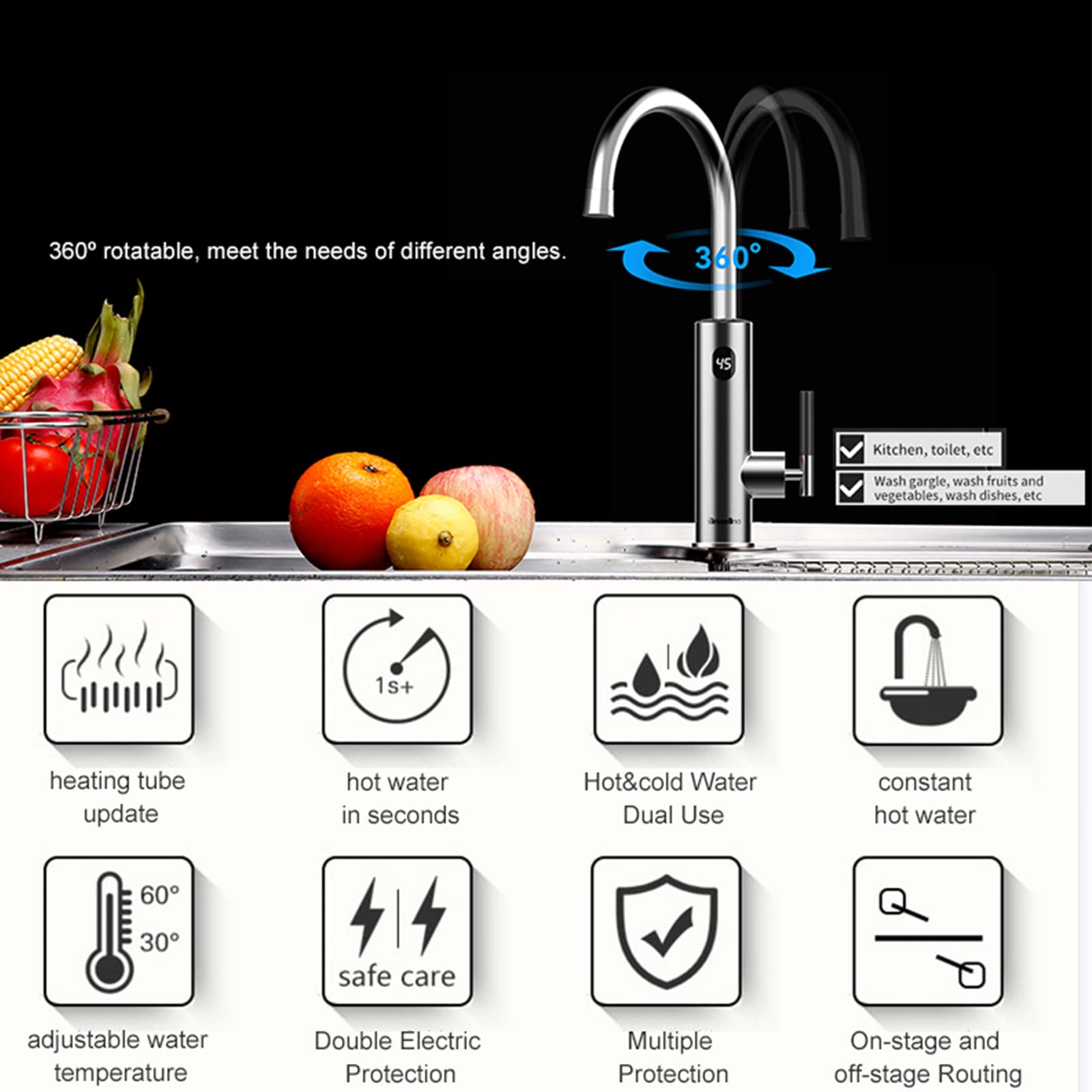 Rubinetto per scaldabagno Elettrico, Rubinetto per Acqua istantanea Senza Serbatoio, Rubinetto per Riscaldamento rapido con Display Digitale a LED, Miscelatore per Riscaldamento a Flusso Geyser