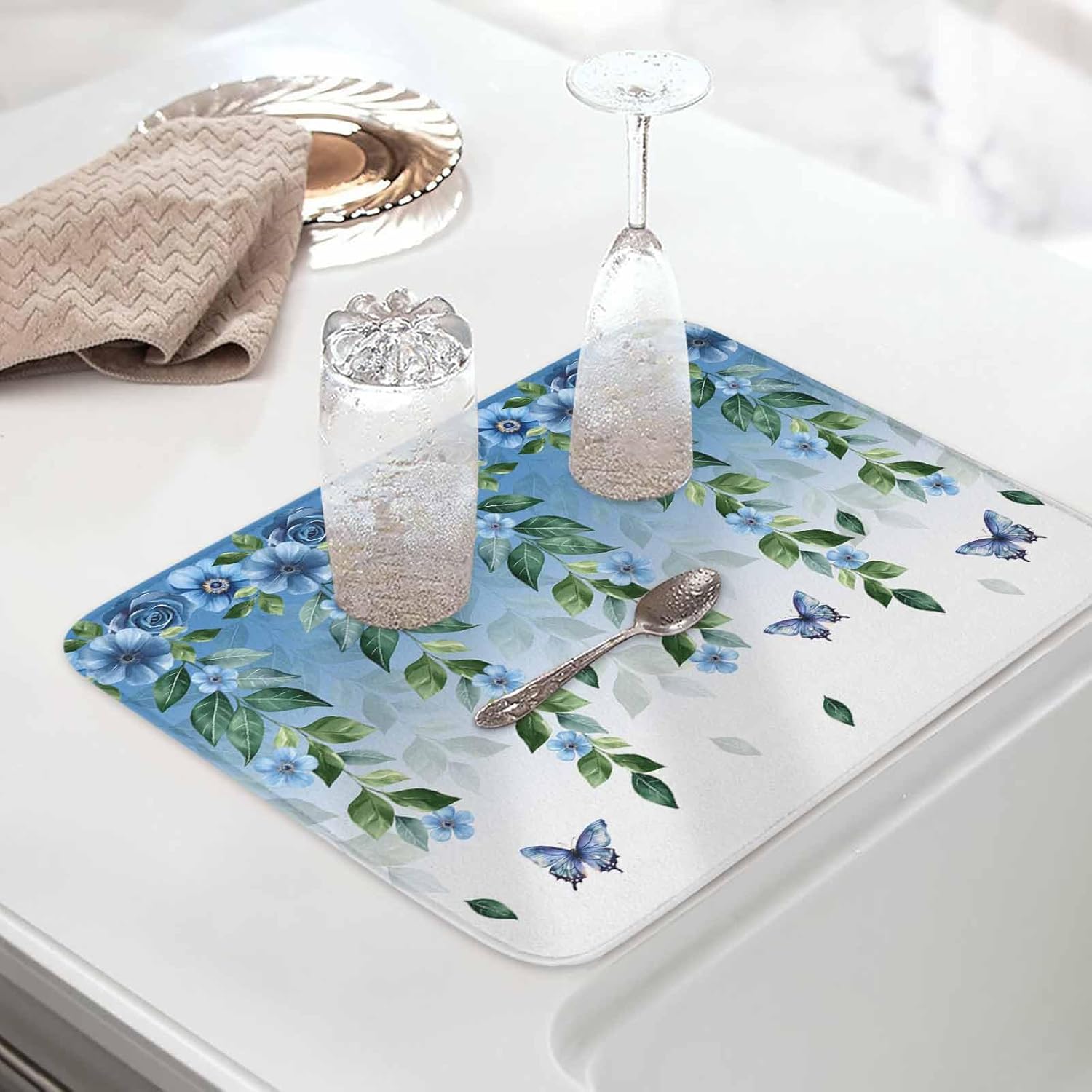 Dish Drying Mat Set of 2 Leaf Butterfly Microfiber Absorbent Reusable Washable Dish Drying Rack Mat Blue Summer Coffee Mat for Coffee Maker Bar Kitchen Countertops 16x18inch