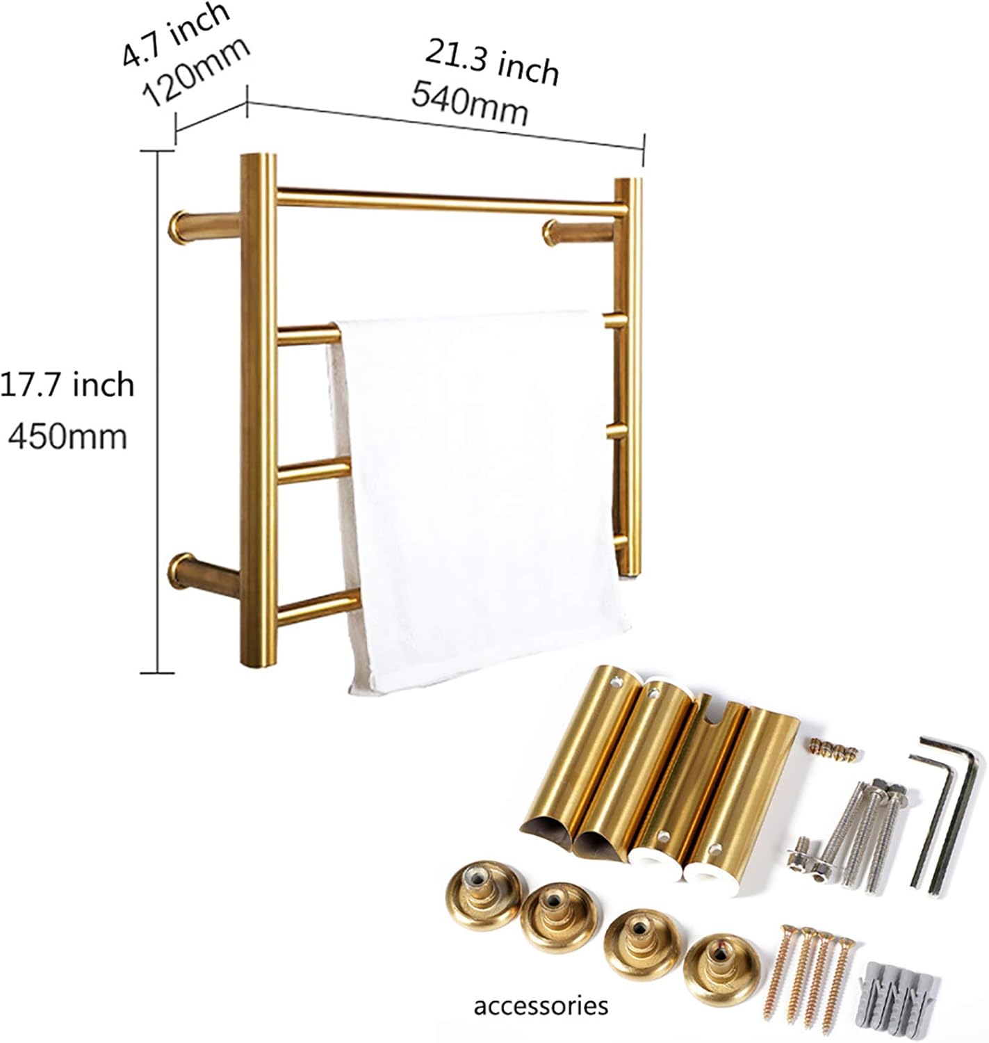 Towel Warmer, Gold Electric Towel Rack with 4 Round Bars 304 Stainless Steel Heated Towel Bar Energy Efficient Electric Drying Rack Wall Mounted Bath Towel Dryer,Hardwired