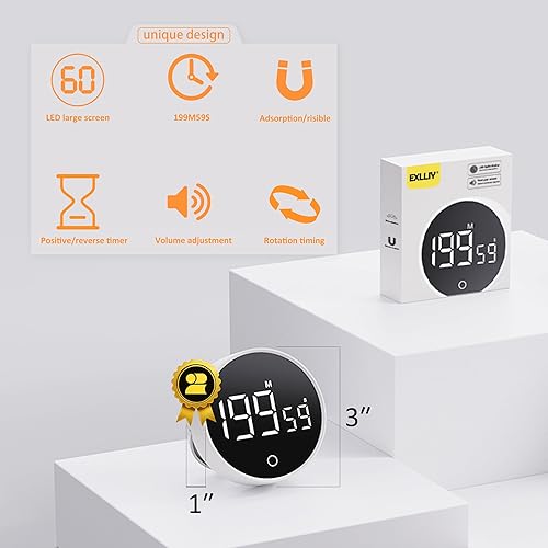 Miniatura 5 de Temporizador digital de cocina, temporizador visual magnético recargable con pantalla LED grande, volumen ajustable para aula, cocina, fitness,