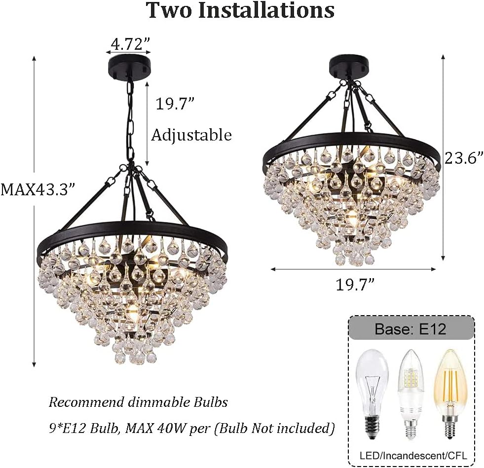 20” Round K9 Crystal Chandelier Pendant Lighting Fixture Industrial Ceiling Pendant Light for Kitchen Island, Dining Room, Bedroom, Corridor, Entrance, 9 Lights(Not Included), Black Finish