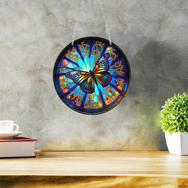 Miniatura 3 de LUSandy DIY 5D Colorful Butterfly Diamond Kits de pintura de diamantes para colgar letrero de arte de pared, arte de diamante, atrapasoles, adorno