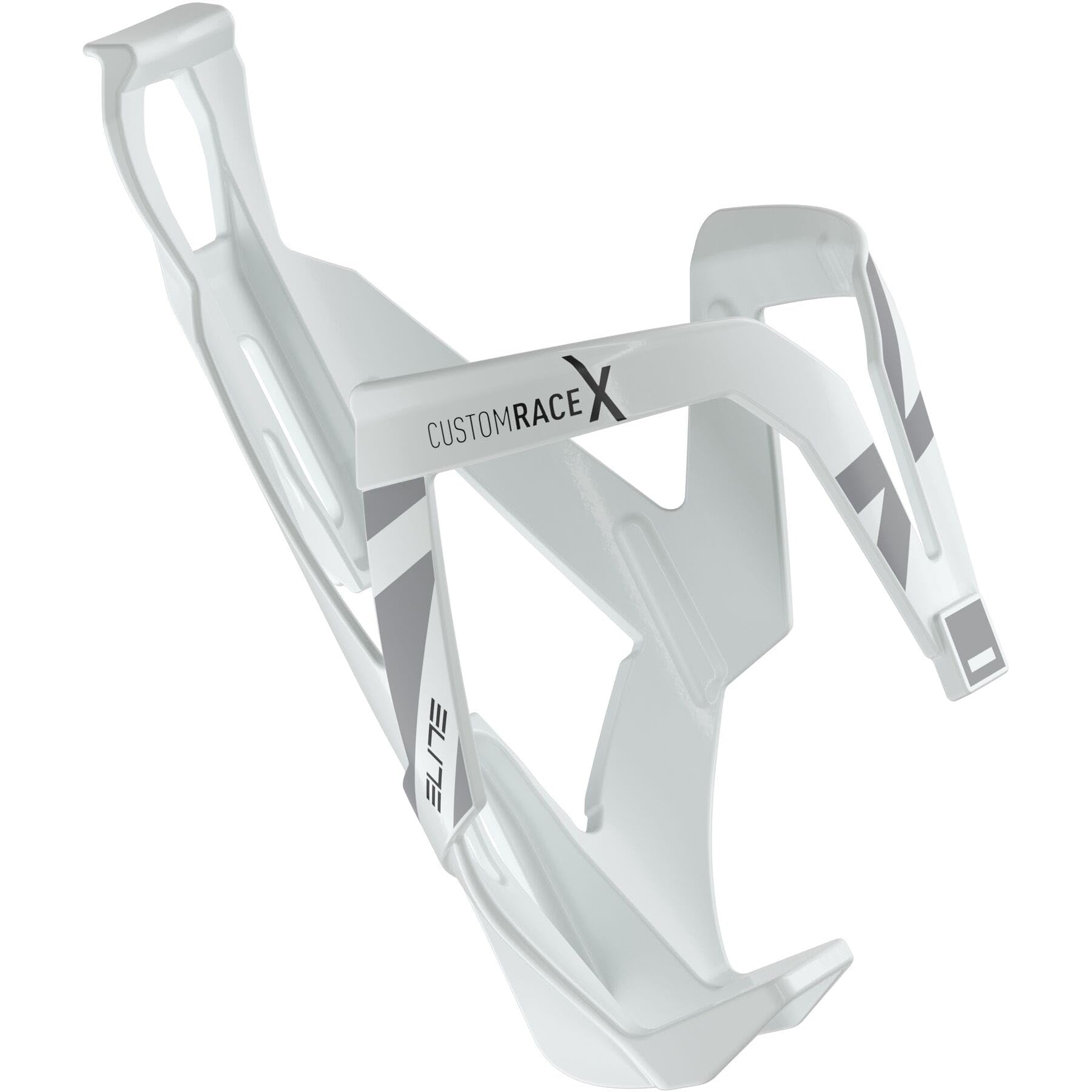 Elite Custom Race X Bottle Cage White Glossy Grey Graphic – Ultra Lightweight Side-Entry Bike Bottle Holder 28.5g – Self-Adjusting Fibre-Reinforced – For Road Bike, MTB & Gravel Cycling