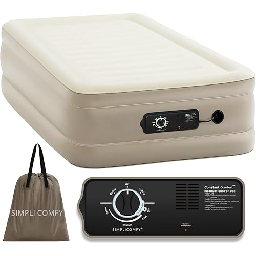 Simpli Comfy 18” Twin Inflatable Air Mattress with Built-in Dual Pump, Elevated, Adjustable Firmness, Self-Inflating Blow-Up Mattress with Storage Bag for Home, Guest, Travel, Camping, Relocation