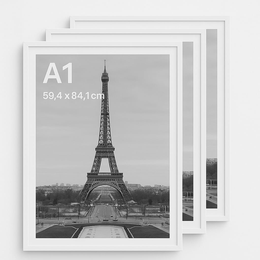 Stunning Large A1 Photo Poster Certificate Frame (59.4 x 84.1 cm) with Backboard and Styrene Included for Portrait and Landscape Display Wall Hanging - White, A1 3Pack — image 1