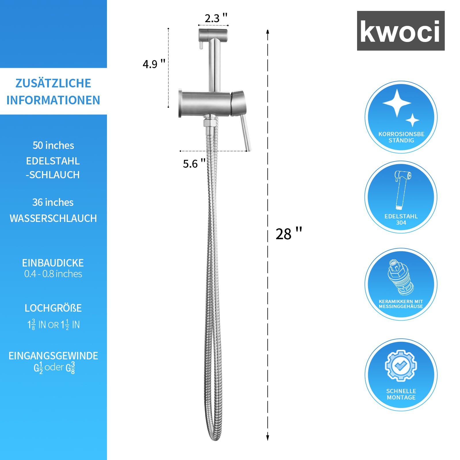 Edelstahl Bidet Handbrause mit Nickel Mattfinish inklusive Kalt-Warmwasser-Funktion sowie G1/2 Zoll und G3/8 Zoll Toilettenventil zur seitlichen Montage am Badezimmerschrank