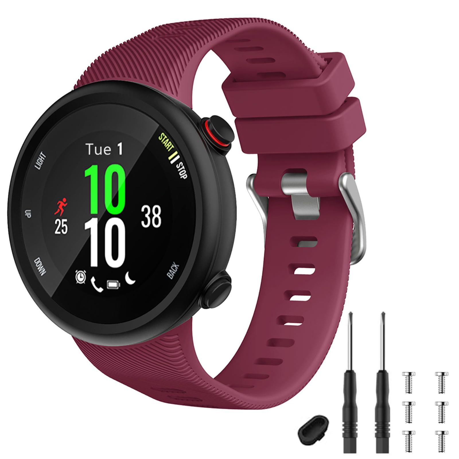 TopPerfekt Strap Compatible with Garmin Forerunner 45s, Sport Silicone Wristband Arm Band Replacement Bracelet for Forerunner 45s (Wine Silver Buckle) โ image 1