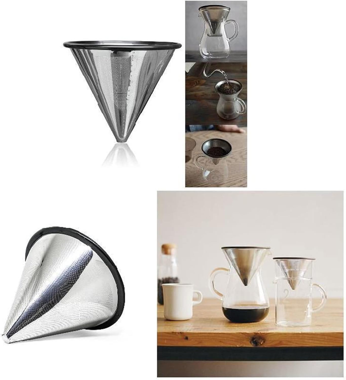 Reusable Coffee Filters Stainless Steel Pour Over Coffee Filter Reusable Paperless Cone Dripper for Coffee Maker Strainer Gadgets Kitchen Tool