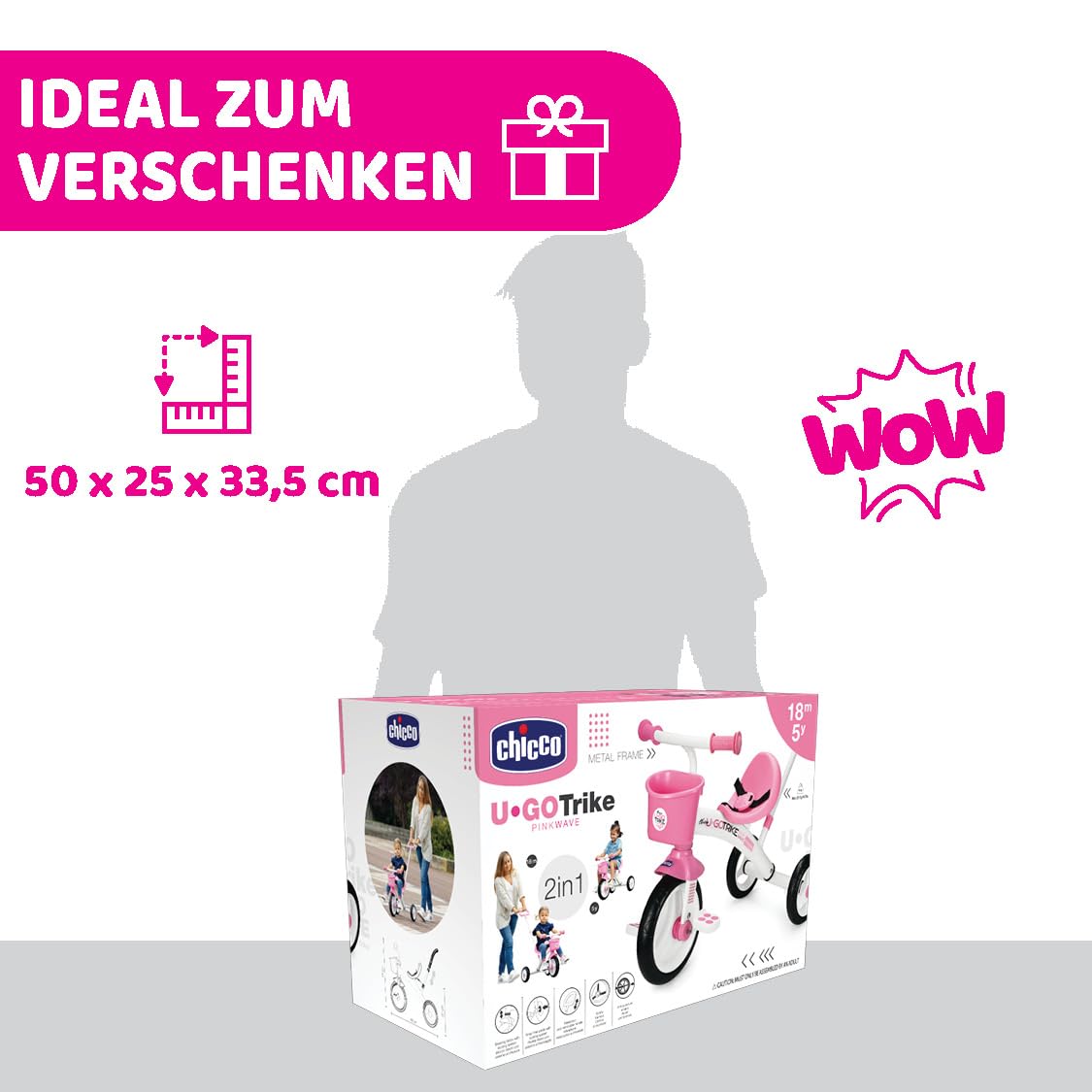 Chicco U-GO 2in1 Kinderdreirad, Dreirad für Mädchen und Jungen mit höhenverstellbarem Griff, Sicherheitsgurt und Ablagekorb, Max 20 kg, Kinderspielzeug ab 18 Monaten bis 5 Jahren