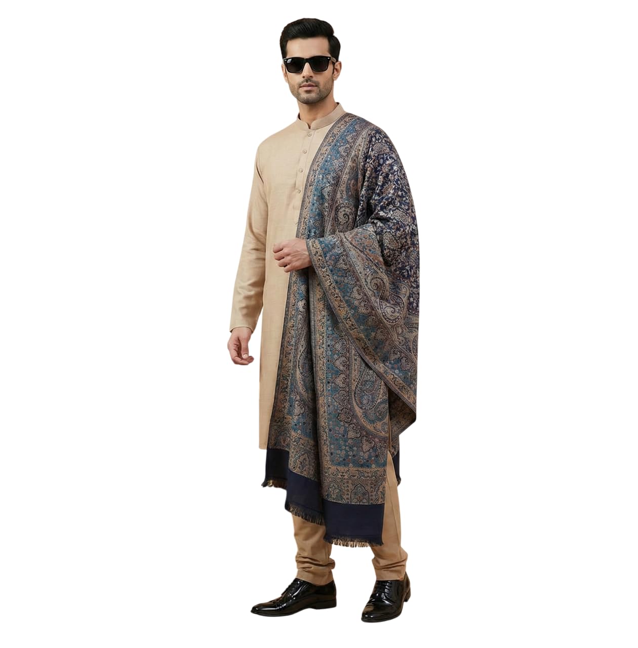 famoweaves Men's Fine Soft Ethnic Woven Wool Reversible Shawl, Authentic Kashmiri Jamawar Design, Faux Pashmina, 40 inch x 80 inch-picture-12