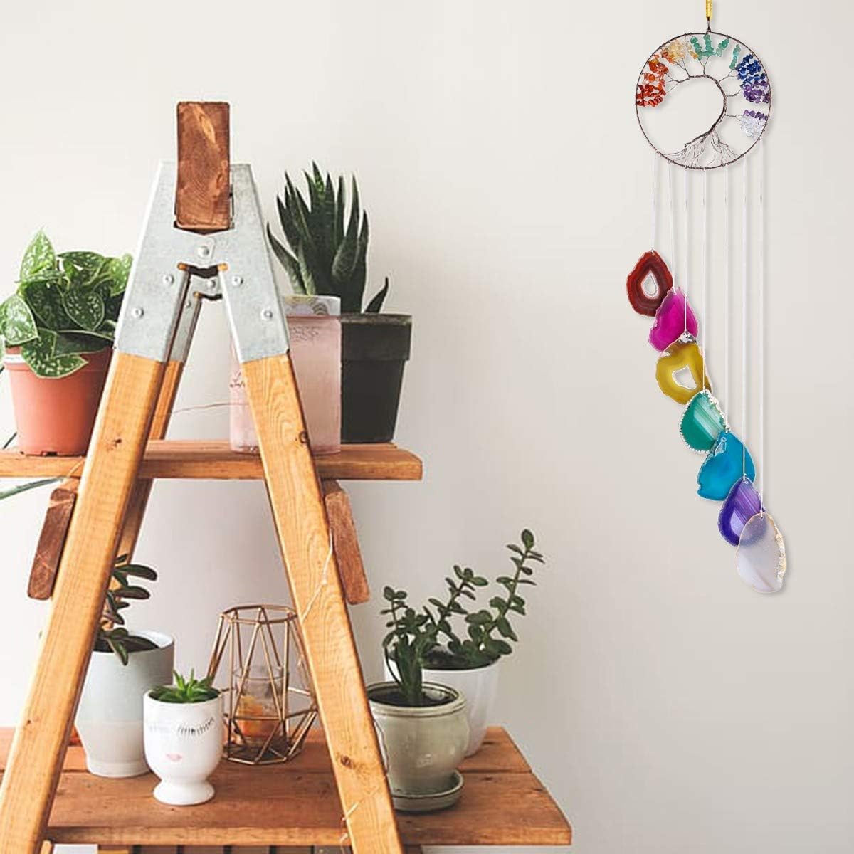 rockcloud 7 Chakra Tree of Life Wall Hanging Wind Chimes with Agate Slices Pendants Ornament Windows Hanging Ornament for Home Garden Decor, Blue