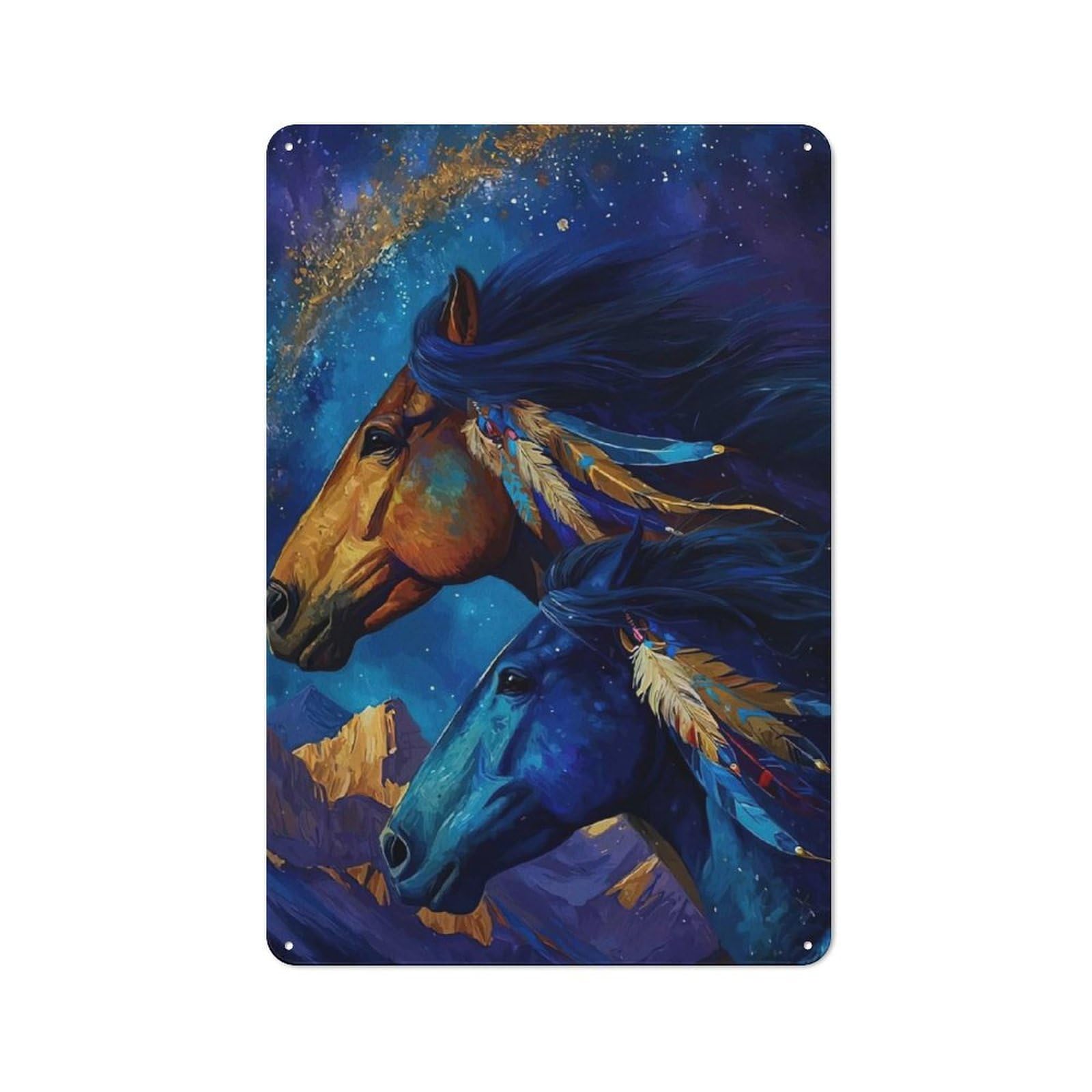 Junmoney Style-22 Metal Plaque With Two Horses Mountain Landscape Design 30X20cm, Cosy Diner Style Decor For Coffee Bar, Kitchen, Bistro Or Tea Corner