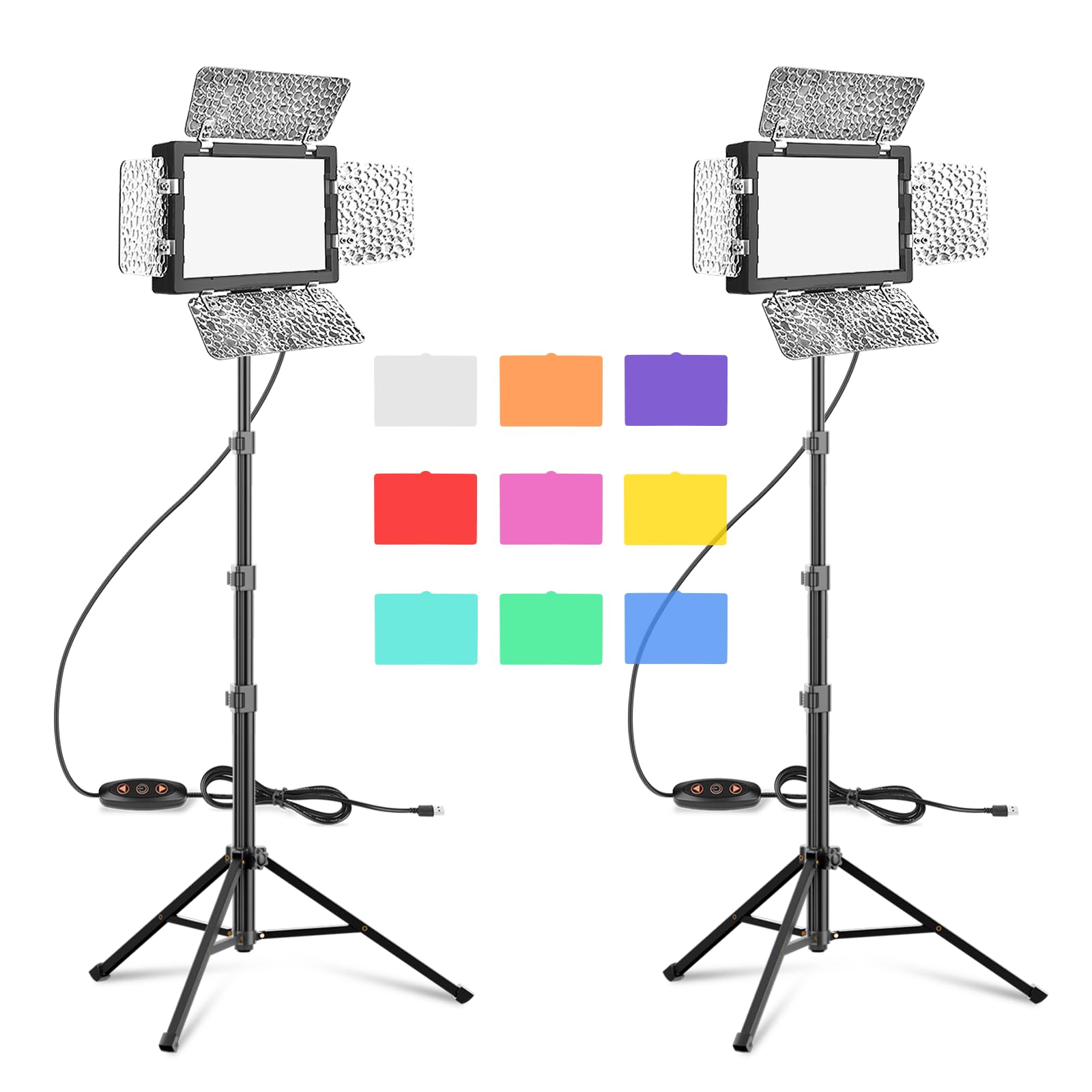 EMART LED Photography Lighting, Studio Light with 53inch Adjustable Tripod Stand and 9 Color Filters, 4 PCS Baffles, for Video Recording, Game Streaming, YouTube-2 Packs