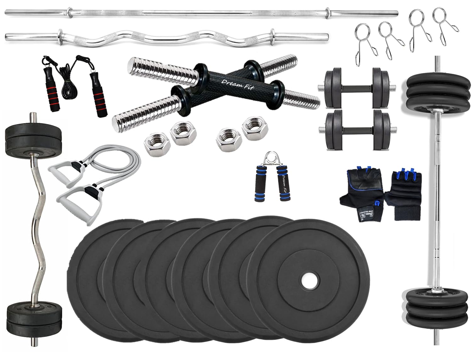 DREAM FIT Professional Rubber plates combo - 15Kg Home Gym Set with 23mm 3 ft curl rod, 23mm 5 ft straight rod, 1 pair dumbbell rods with hex nuts and gym accessories (15Kg set) (B0D8CHHH9W) Amazon Price History, Amazon Price Tracker