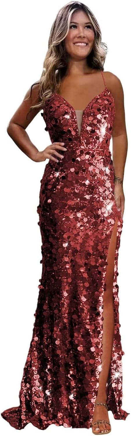 Fashionbride Spaghetti Strap Sequin Prom Dresses for Women V Neck Tight Mermaid Formal Evening Gowns with Slit AP11