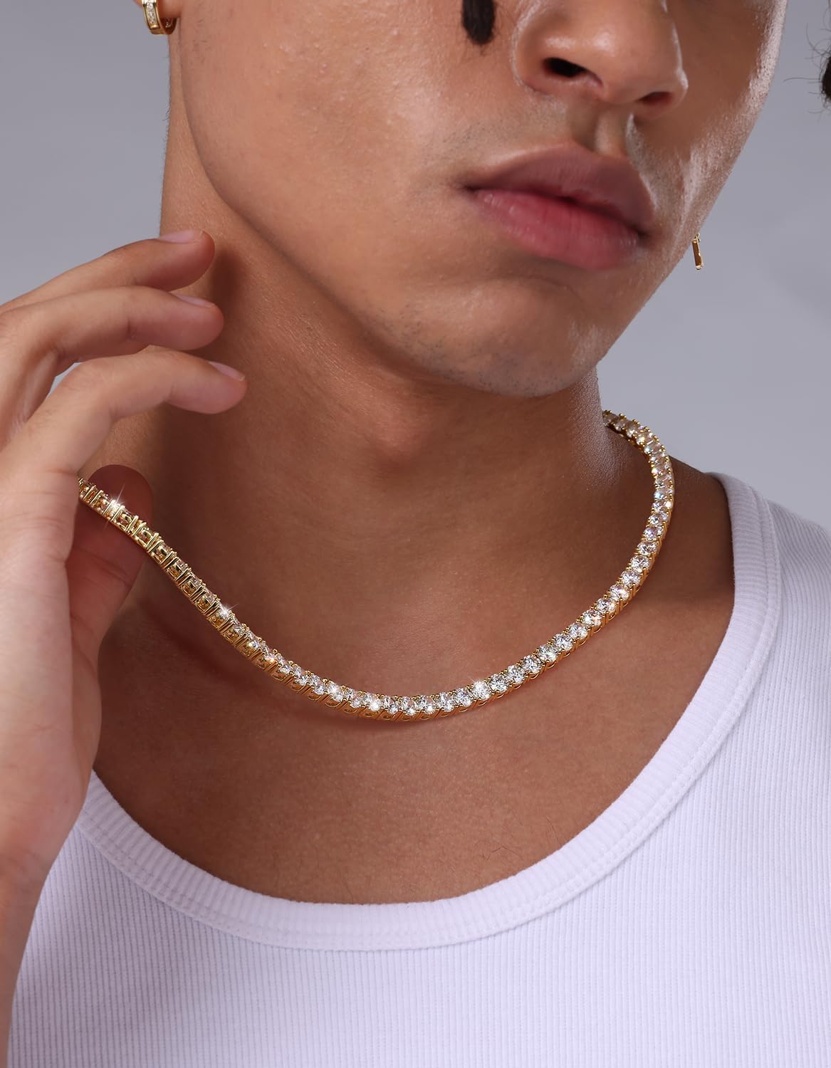 KRKC Tennis Necklace for Men 14K White Gold Plated, 1 Row AAAAA+ Cubic Zirconia Link Chain with, 3-5mm Width Durable Tennis Chain Jewelry Christmas Gift (18-24 Inches) Hypoallergenic